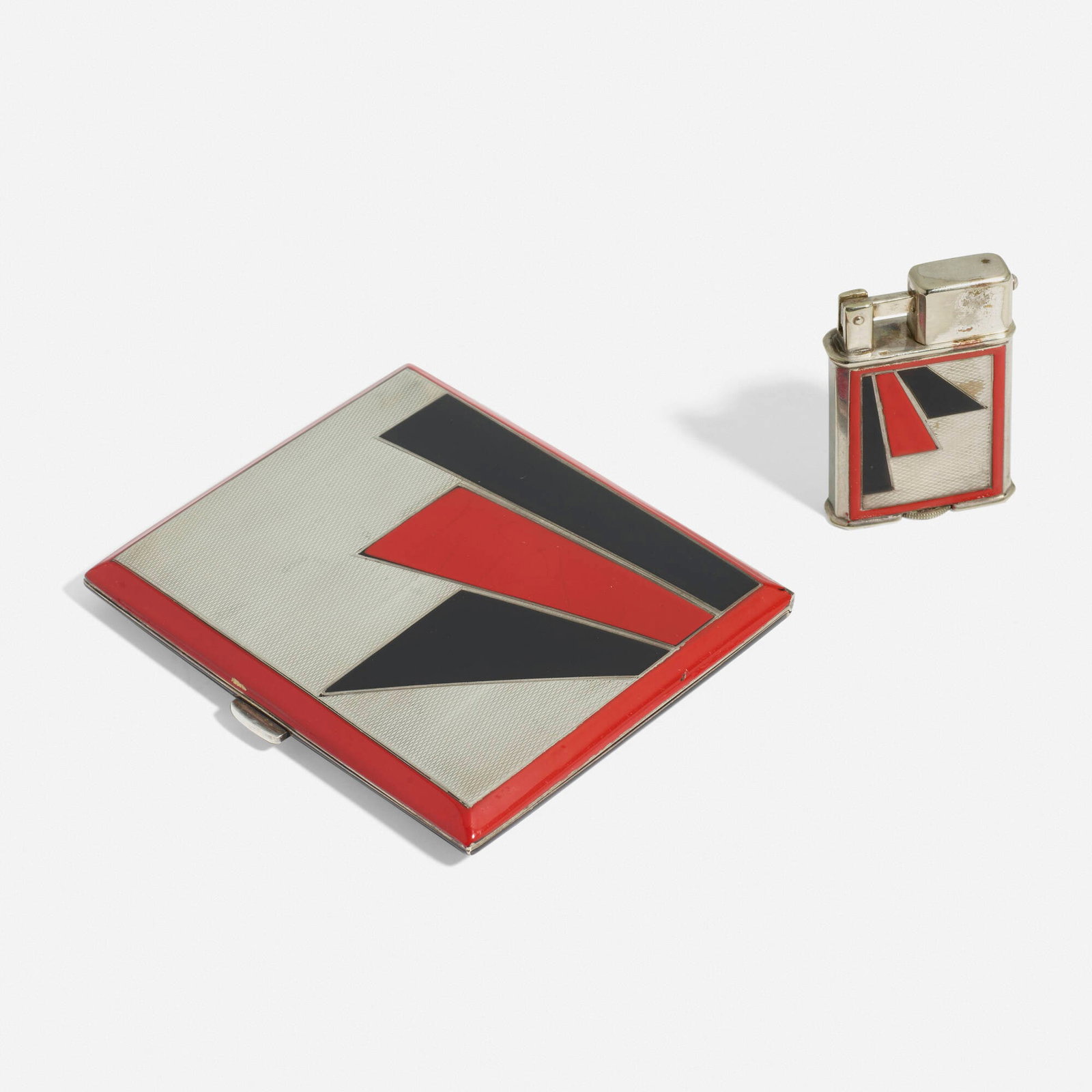 Adolf Kizinger, Cigarette case and lighter: Adolf Kizinger Cigarette case and lighter Sarastro Germany, c. 1929 lacquer on metal 3 h x 3.5 w x .25 d in (8 x 9 x 1 cm) 1.75 h x 1.25 w x .25 d in (4 x 3 x 1 cm) Impressed manufactur
