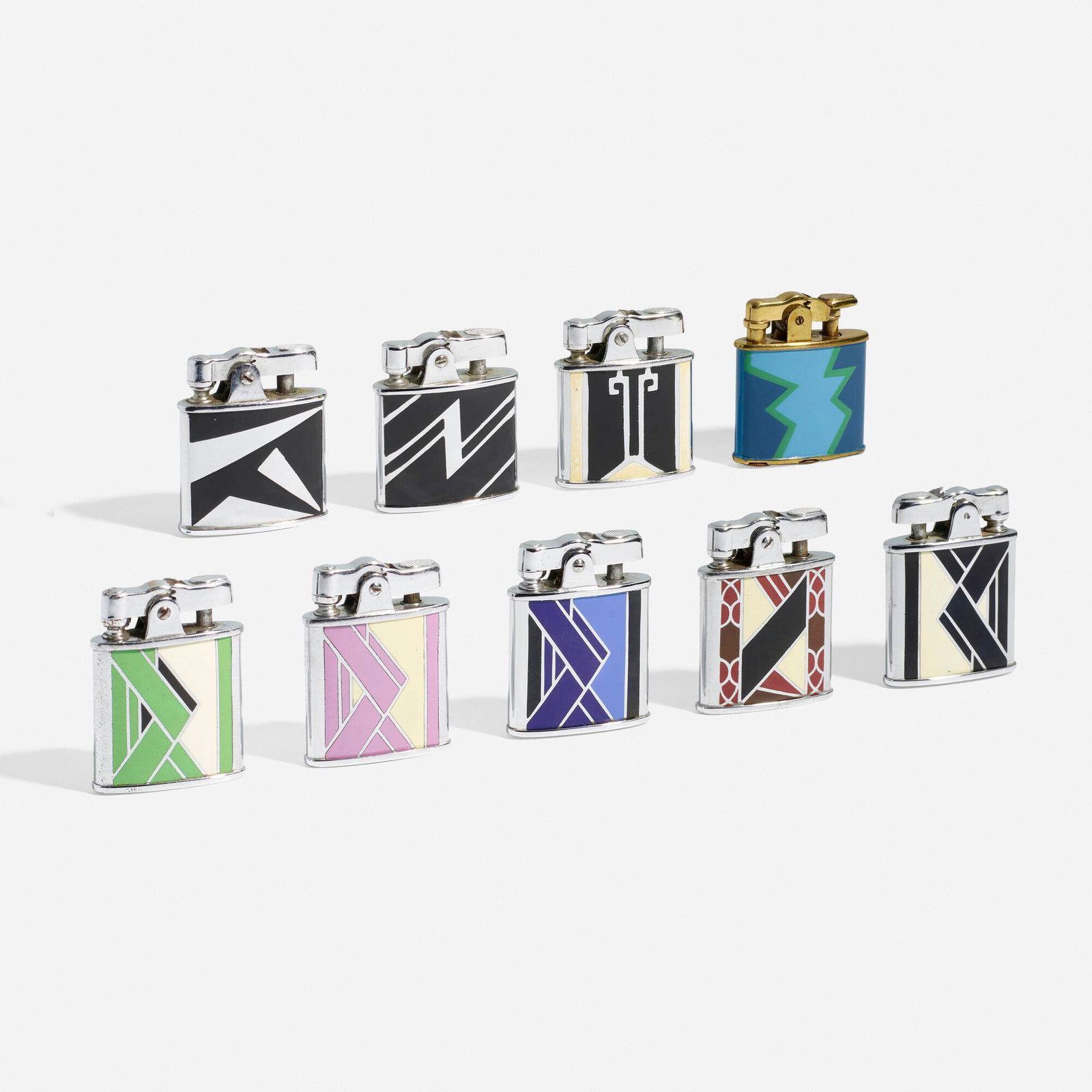 Ronson, Collection of nine cigarette lighters: Ronson Collection of nine cigarette lighters USA, c. 1928 enamel on metal largest: 1.875 h x 1.625 w x 0.5 d in (5 x 4 x 1 cm) smallest: 1.75 h x 1.5 w x 0.375 d in (4 x 4 x 1 cm) Lot includ