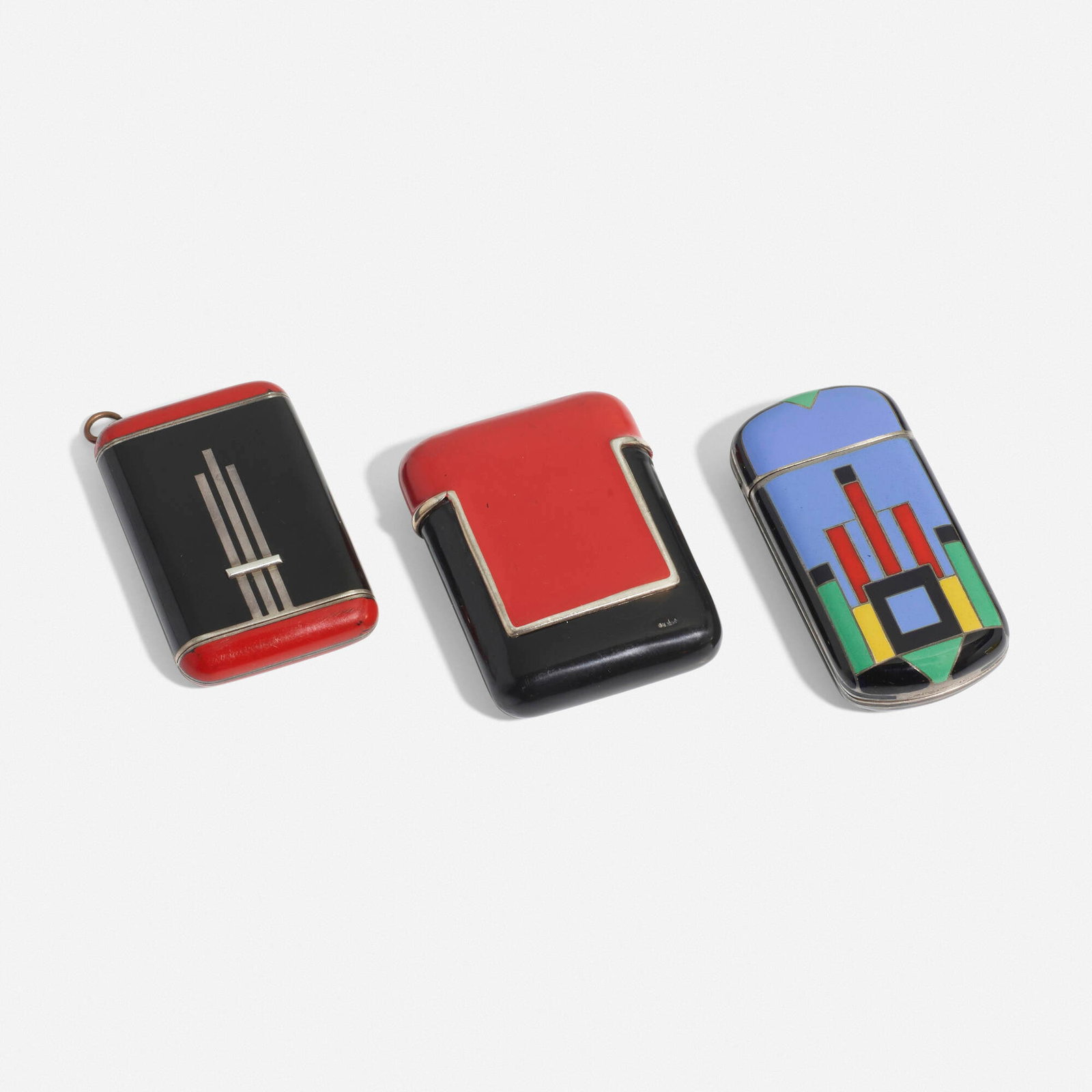 Swiss, Watches, set of three: Swiss Watches, set of three c. 1930-35 enamel on silver 1.75 h x 1.25 w x .25 d in (4 x 3 x 1 cm) 1.875 h x 1.375 w x .25 d in (5 x 3 x 1 cm) 2 h x 1 w x .25 d in (5 x 3 x 1 cm) Lot inclu