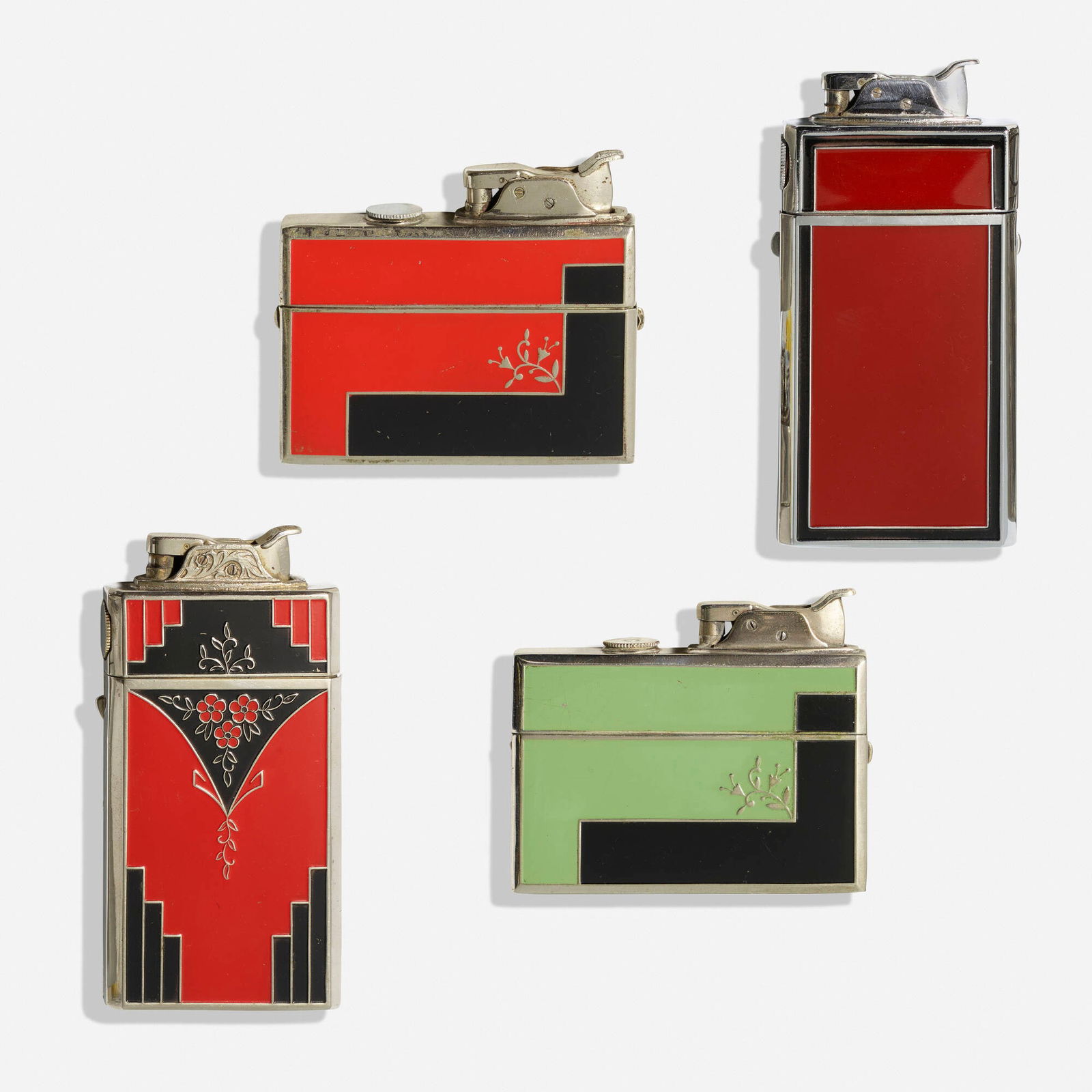 Evans Case Company, Press Easy cigarette cases with lighters, set of four: Evans Case Company Press Easy cigarette cases with lighters, set of four USA, c. 1932enamel on metal 4 h x 2.125 w x .625 d in (10 x 5 x 2 cm) 2.625 h x 3 w x .625 d in (7 x 8 x 2 cm) Lot i