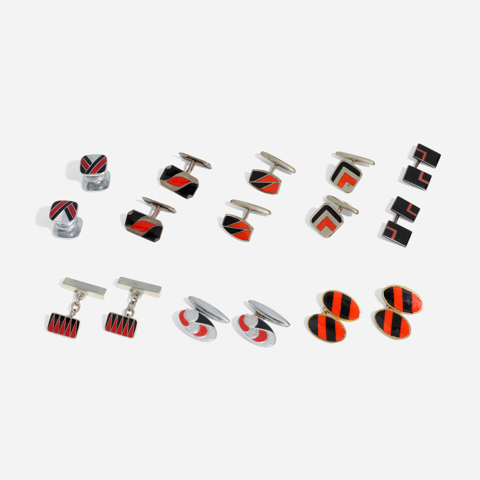 Collection of cufflinks, eight pairs: Collection of cufflinks, eight pairs 1930-1960 enamel on metal largest: .75 h x .5 w x 1 d in (2 x 1 x 3 cm) smallest: .5 h x .5 w x .75 d in (1 x 1 x 2 cm) Impressed manufacturer's mark to one exampl