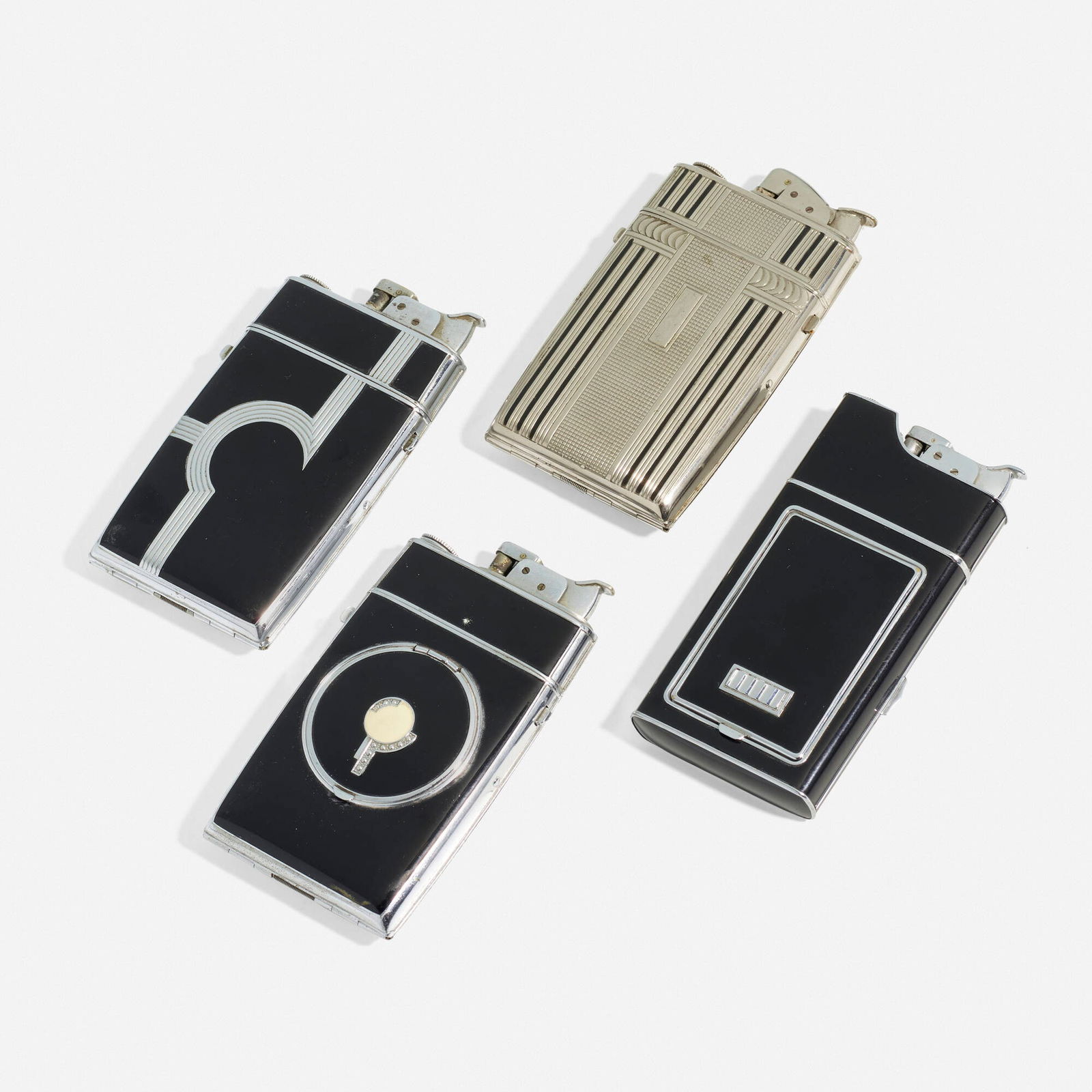 Evans Case Company, Combination cigarette cases with lighters, set of four: Evans Case Company Combination cigarette cases with lighters, set of four USA, c. 1935enamel on metal largest: 4.5 h x 2.5 w x .625 d in (11 x 6 x 2 cm) smallest: 4.375 h x 2.25 w x .75 d in (11 x