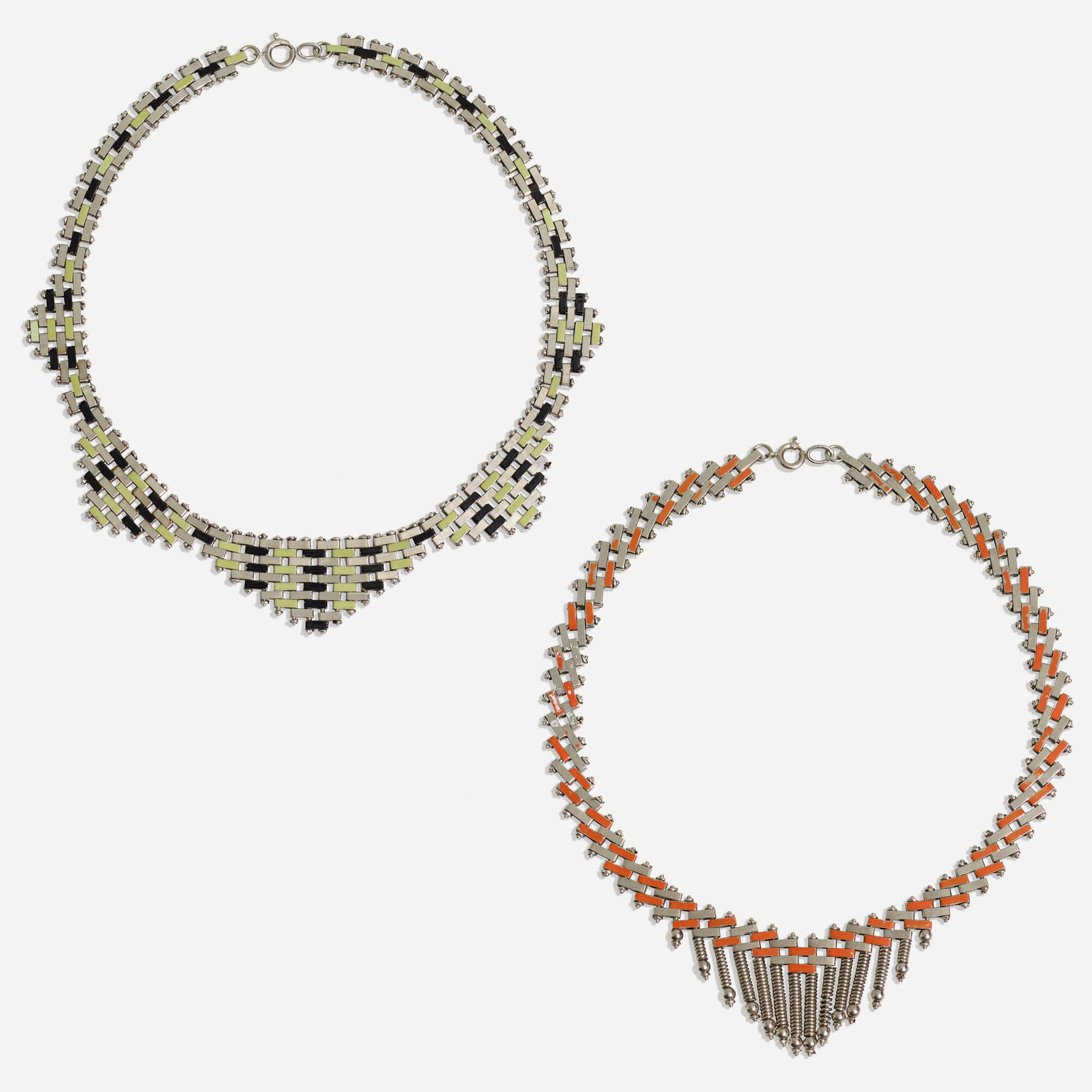 Jacob Bengel, Brickwork necklaces, set of two: Jacob Bengel Brickwork necklaces, set of two Germany, c. 1931-33 paint on polished chrome-plated metal 17.875 h x 1 w in (45 x 3 cm) 17 h x 1.25 w in (43 x 3 cm) This work will