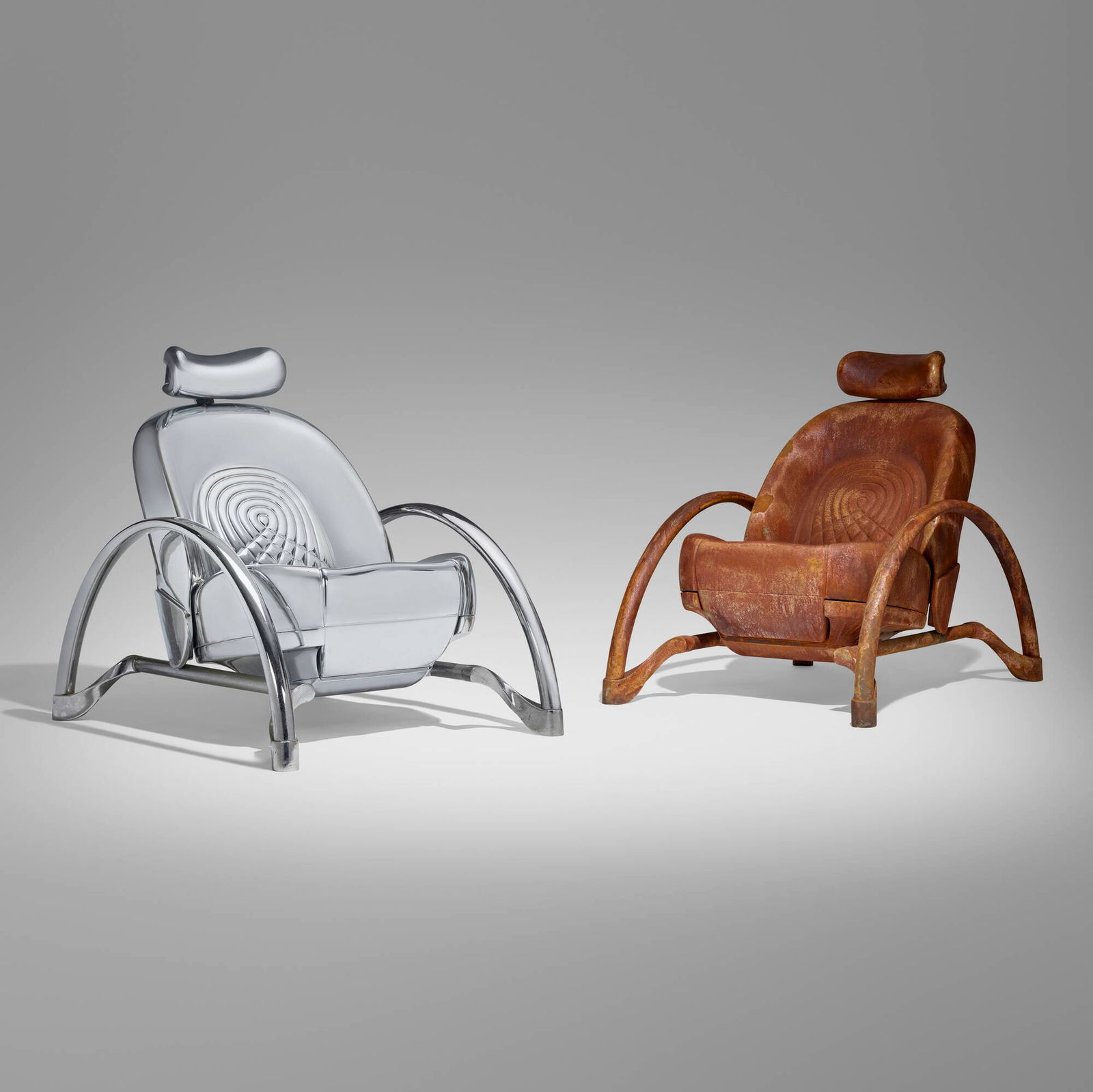 Ron Arad, Moreover chairs, set of two: Ron Arad Moreover chairs, set of two VitraUnited Kingdom / Switzerland, 2008chromed resin, chrome-plated brass, polished aluminum, faux rust 33.5 h x 28.25 w x 39.75 d in (85 x 72 x 101 cm)