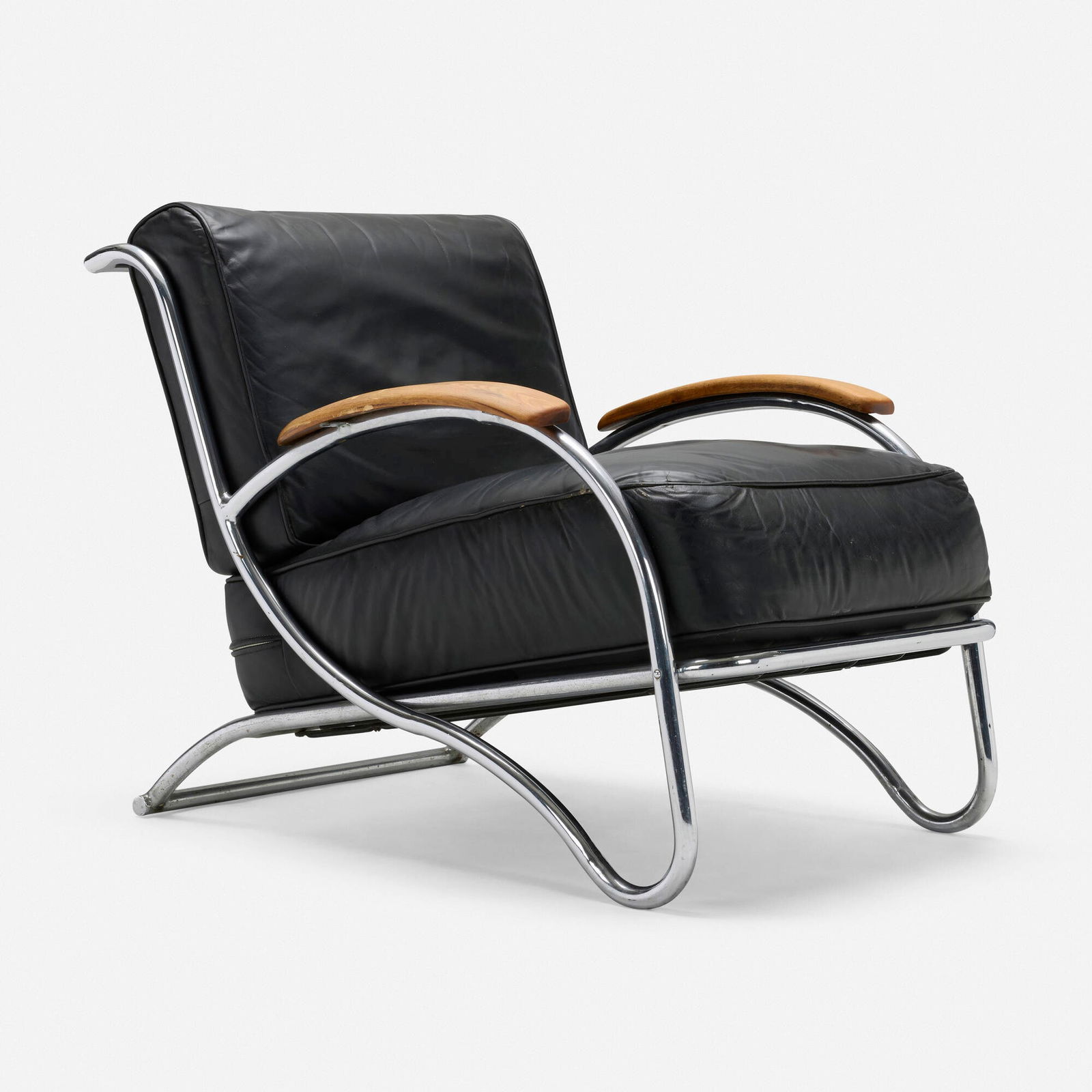 Kem Weber, Lounge chair: Kem Weber Lounge chair Lloyd Manufacturing CompanyUSA, c. 1934leather, chrome-plated steel, oak 30 h x 27.25 w x 38 d in (76 x 69 x 97 cm) Provenance: Private Collection