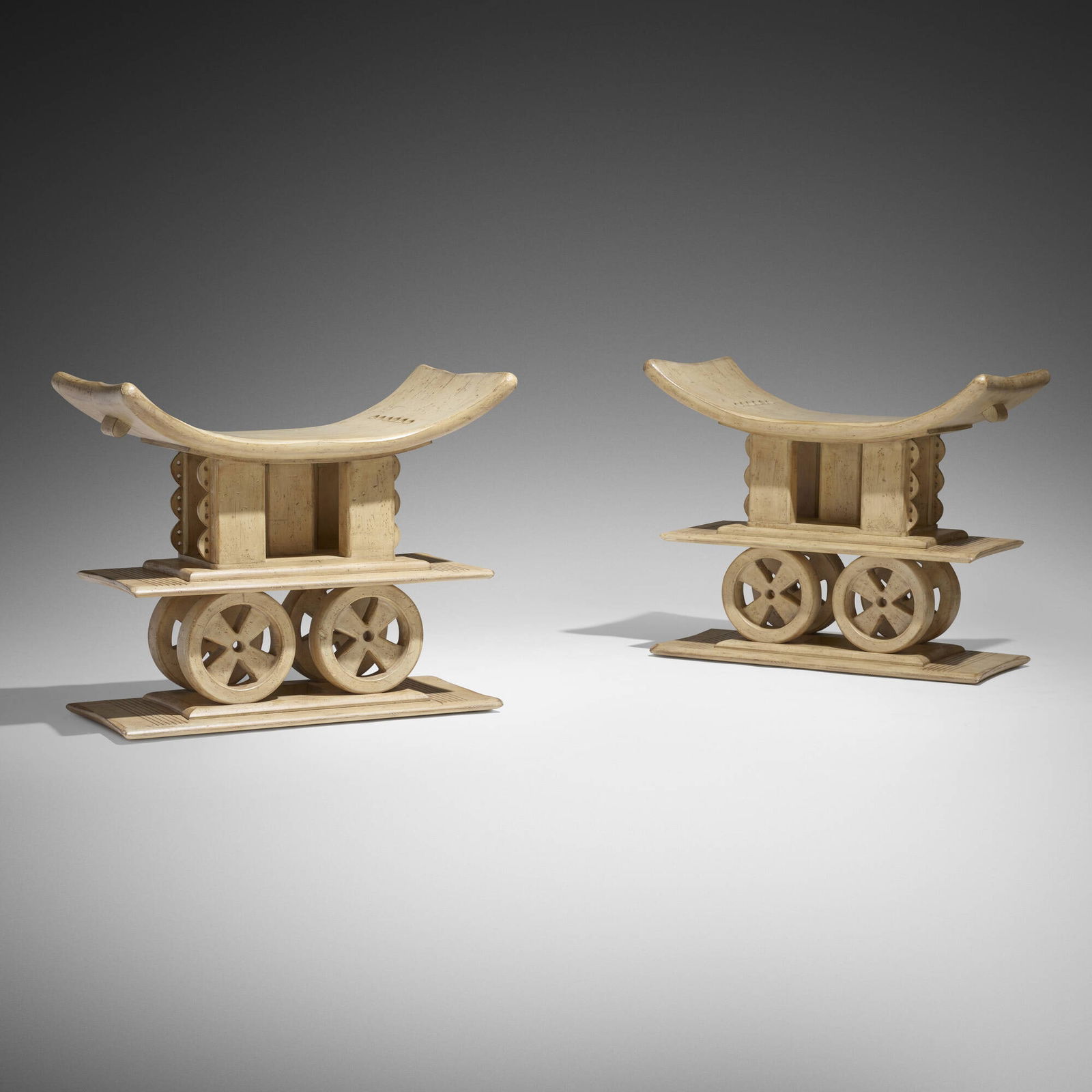 Andre Groult, attribution, Stools, set of two: Andre Groult, attribution Stools, set of two France, c. 1968stained wood 23 h x 27.5 w x 14.75 d in (58 x 70 x 37 cm) Provenance: Private Collection, Midwest