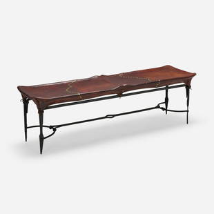 Sido and Francois Thevenin, Deu bench: Sido and Francois Thevenin Deu bench Sawaya & MoroniFrance / Italy, 1985wrought iron, leather, brass 17 h x 54.5 w x 16.75 d in (43 x 138 x 43 cm) Incised signature to underside 'Sido an