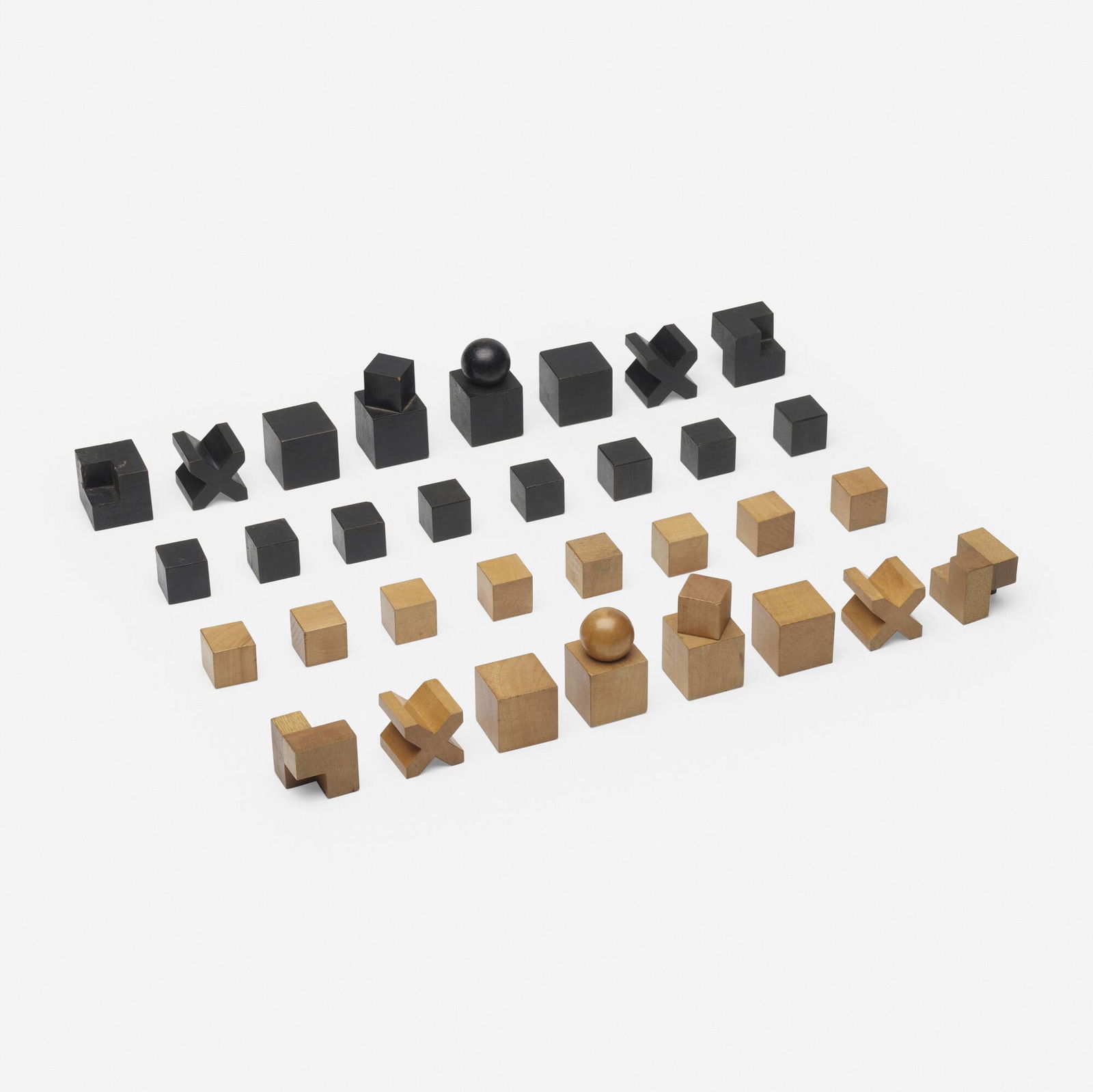 Josef Hartwig, Bauhaus chess set: Josef Hartwig Bauhaus chess set Bauhaus WeimarGermany, 1923carved and painted pearwood wood, beachwood, brass 2.5 h x 5.25 w x 5.25 d in (6 x 13 x 13 cm) This complete thirty-two piece s