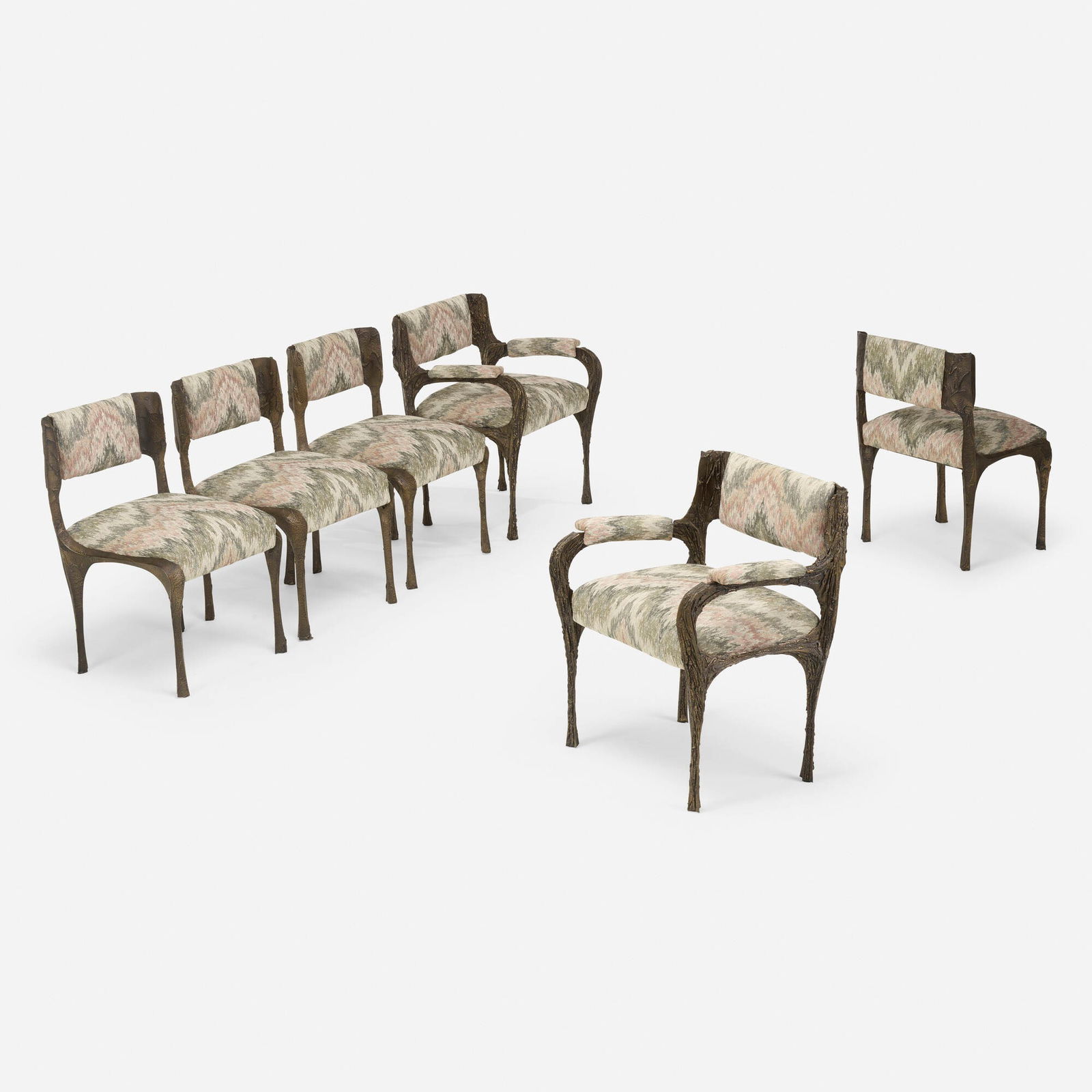 Paul Evans, Sculpted Bronze chairs, set of six: Paul Evans Sculpted Bronze chairs, set of six Paul Evans Studio for DirectionalUSA, c. 1970bronzed resin over steel, upholstery 32 h x 26.5 w x 23 d in (81 x 67 x 58 cm) 32 h x 20 w x 23 d i