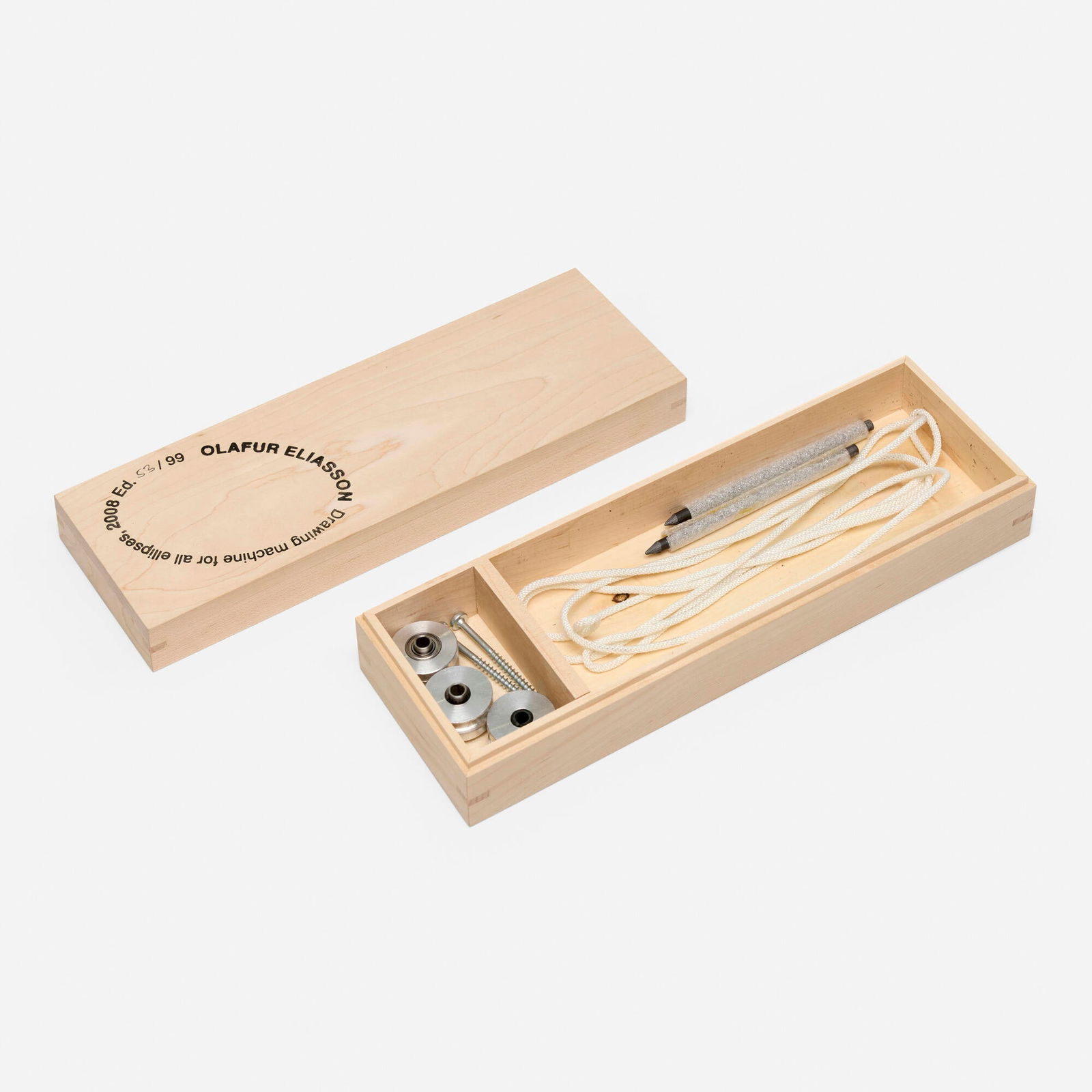 Olafur Eliasson, Drawing machine for all ellipses: Olafur Eliasson Drawing machine for all ellipses 2008wood, aluminum, rope, graphite 2.5 h x 11.75 w x 4 d in (6 x 30 x 10 cm) Work is comprised of a box containing two pencils, rope, two screw