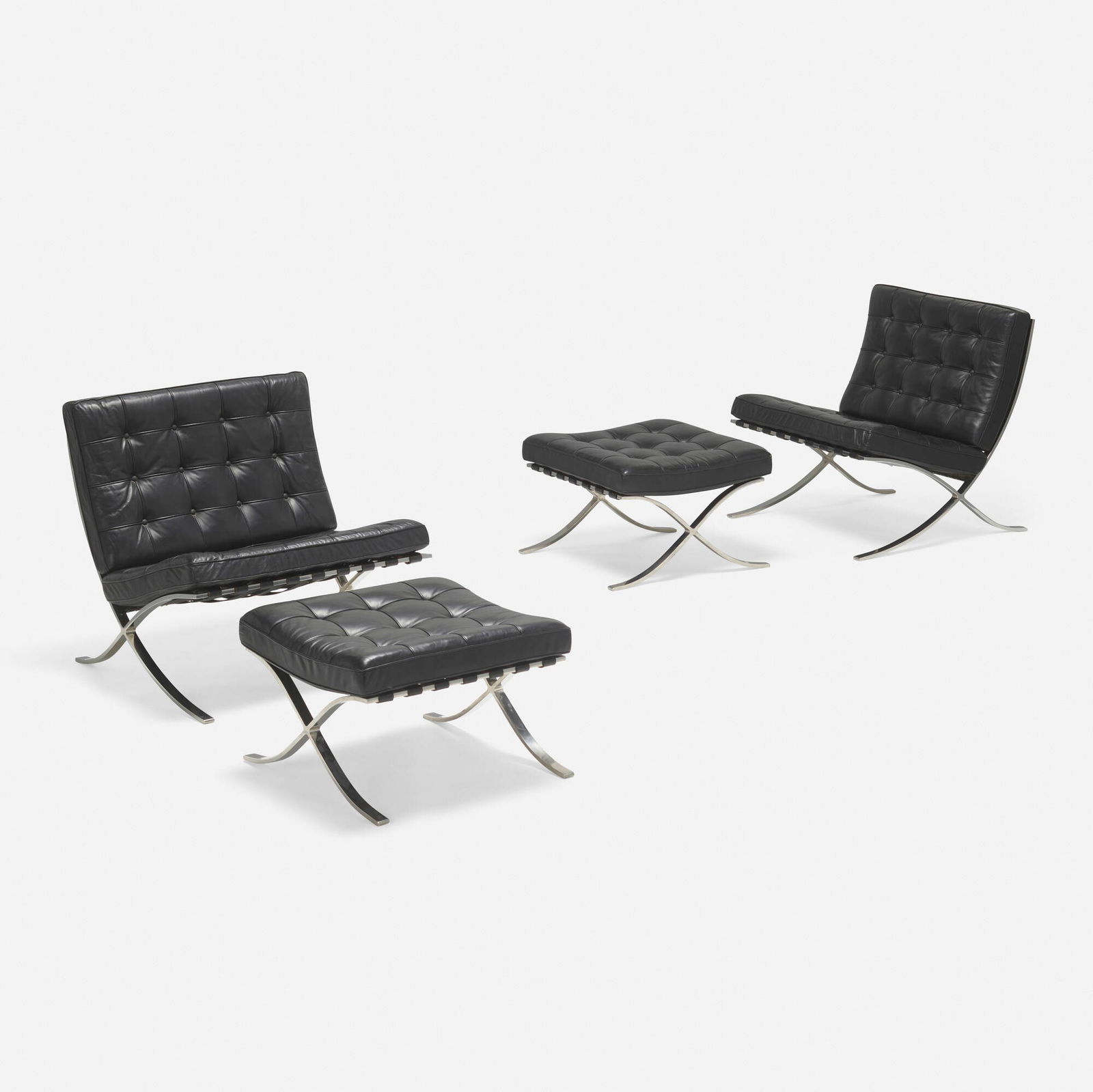Ludwig Mies van der Rohe, Barcelona chairs, pair and ottomans, pair: Ludwig Mies van der Rohe Barcelona chairs, pair and ottomans, pair Knoll InternationalGermany / USA, 1929 / c.1975leather upholstery, polished stainless steel chair: 31 h x 31.5 w x 32 d in (79