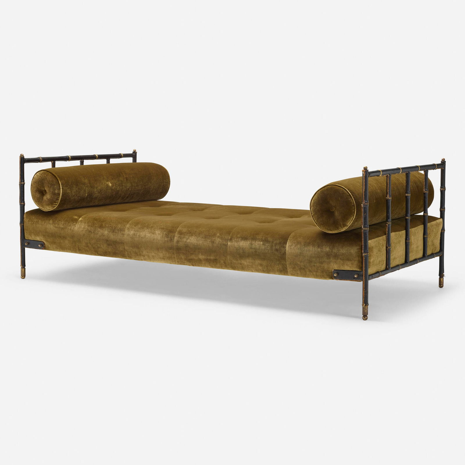 Jacques Adnet, attribution, Daybed: Jacques Adnet, attribution Daybed France, c. 1950upholstery, leather over steel, brass 26 h x 36.5 w x 79.625 l in (66 x 93 x 202 cm) This work will ship from Chicago, Illinois.</