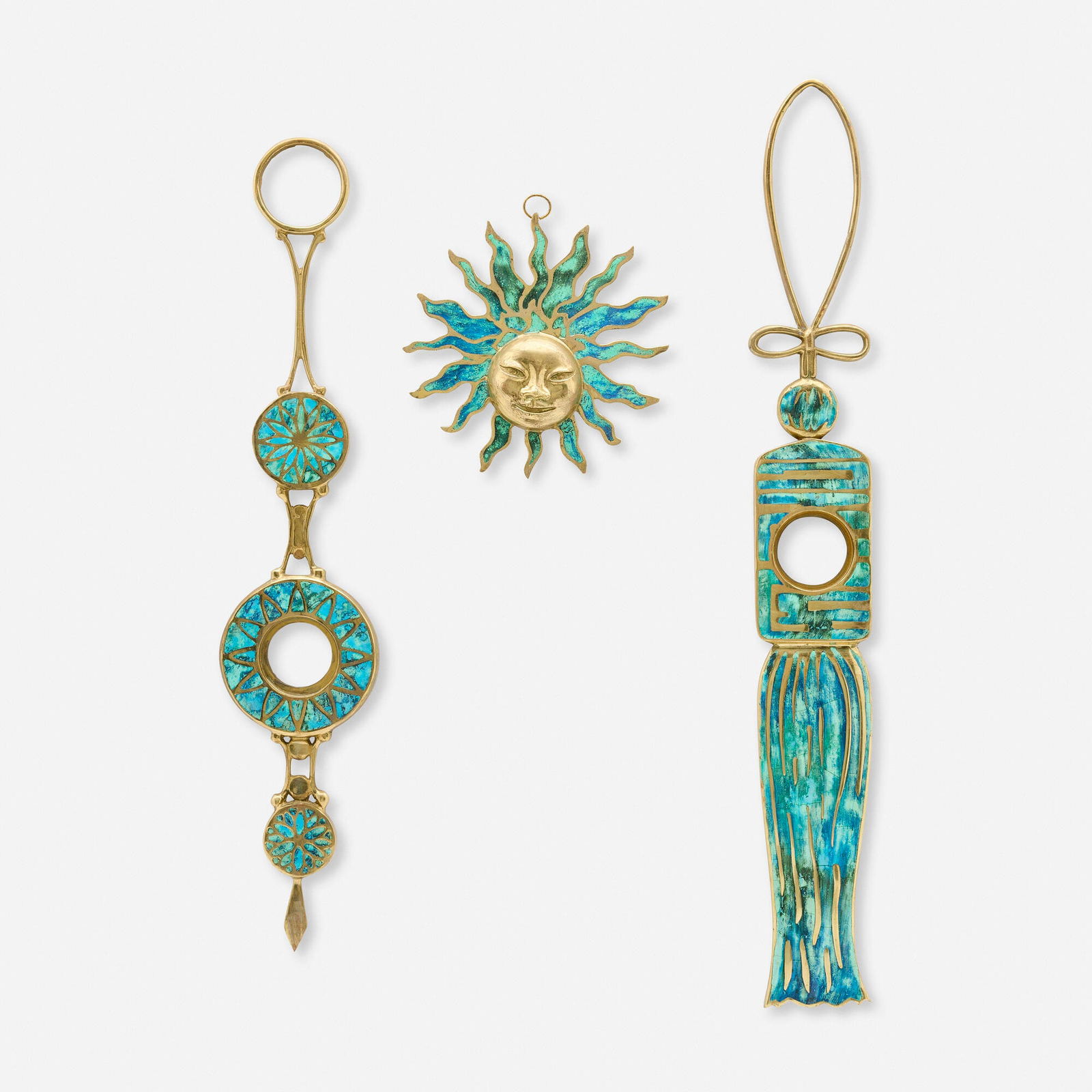 Pepe Mendoza, Ornaments, set of three: Pepe Mendoza Ornaments, set of three Mexico, c. 1960brass, ceramic inlay 30 h x 4 w x .5 d in (76 x 10 x 1 cm) 26.5 h x 5,25 w x .5 d in (67 x 13 x 1 cm) 8.75 h x 8.75 w x 1.375 d in (22 x 22 x