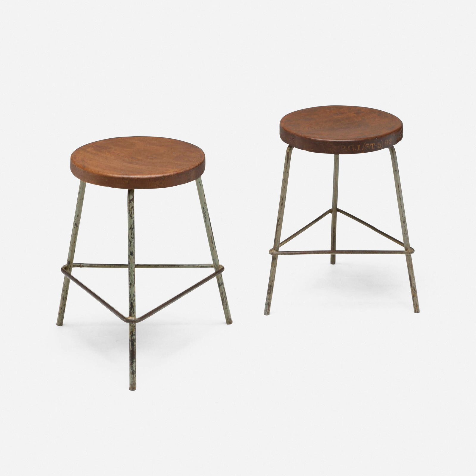 Pierre Jeanneret, Stools from the College of Architecture, Chandigarh, pair: Pierre Jeanneret Stools from the College of Architecture, Chandigarh, pair France/India, c. 1960 teak, painted steel 19.25 h x 17.25 w x 17 d in (49 x 44 x 43 cm) Stenciled and painted marks to