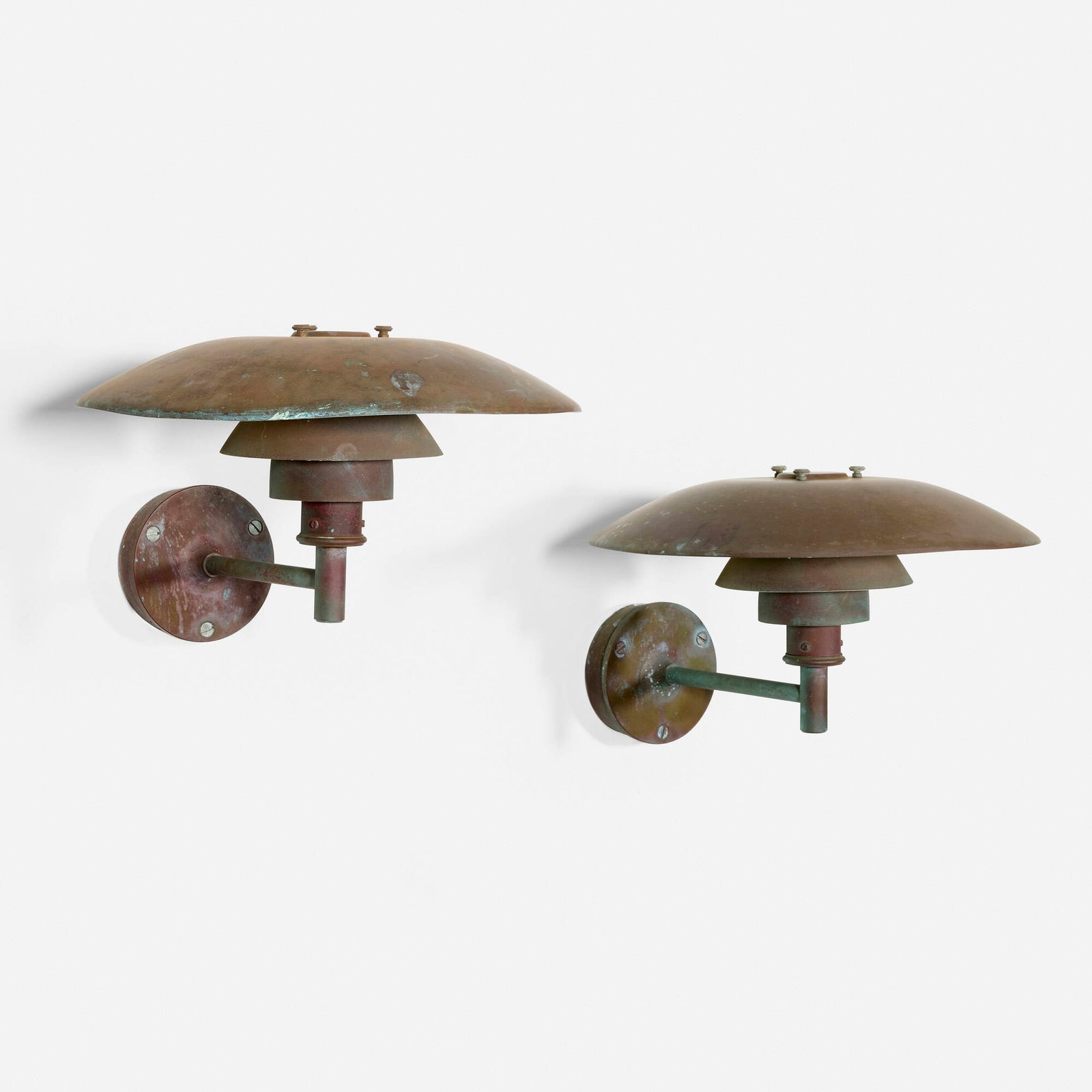 Poul Henningsen, PH 4/3 wall lamps, pair: Poul Henningsen PH 4/3 wall lamps, pair Louis Poulsen Denmark, 1927 / c. 1985 copper, lacquered copper 12.5 h x 18 w x 20.5 d in (32 x 46 x 52 cm) Literature: Light Yea