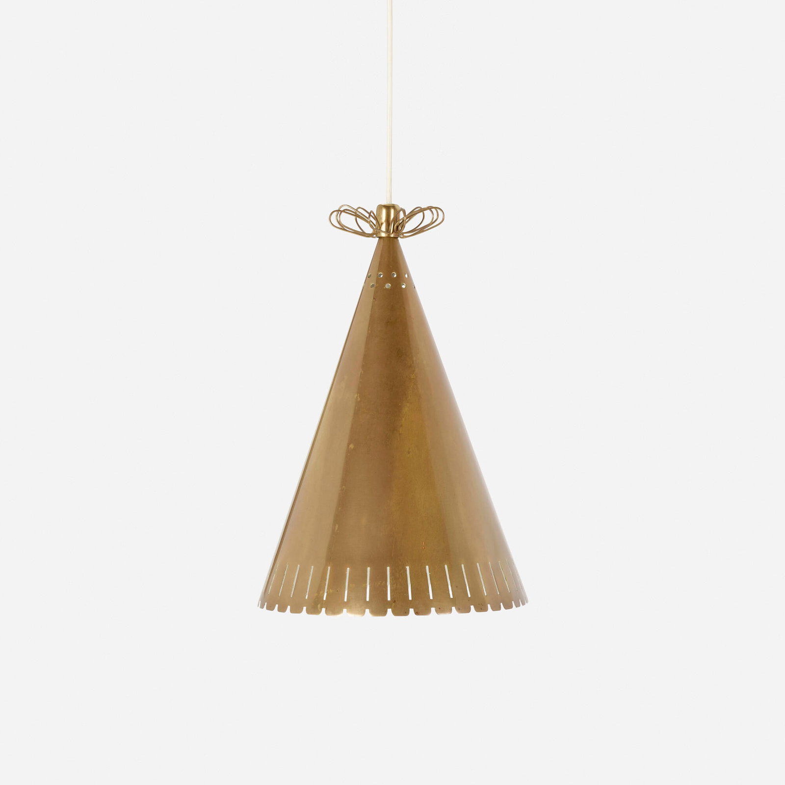 Paavo Tynell, Pendant lamp: Paavo Tynell Pendant lamp Taito OY Finland, c. 1945 perforated and enameled brass, brass 15 h x 9.75 dia in (38 x 25 cm) This work will ship from Los Angeles, California.