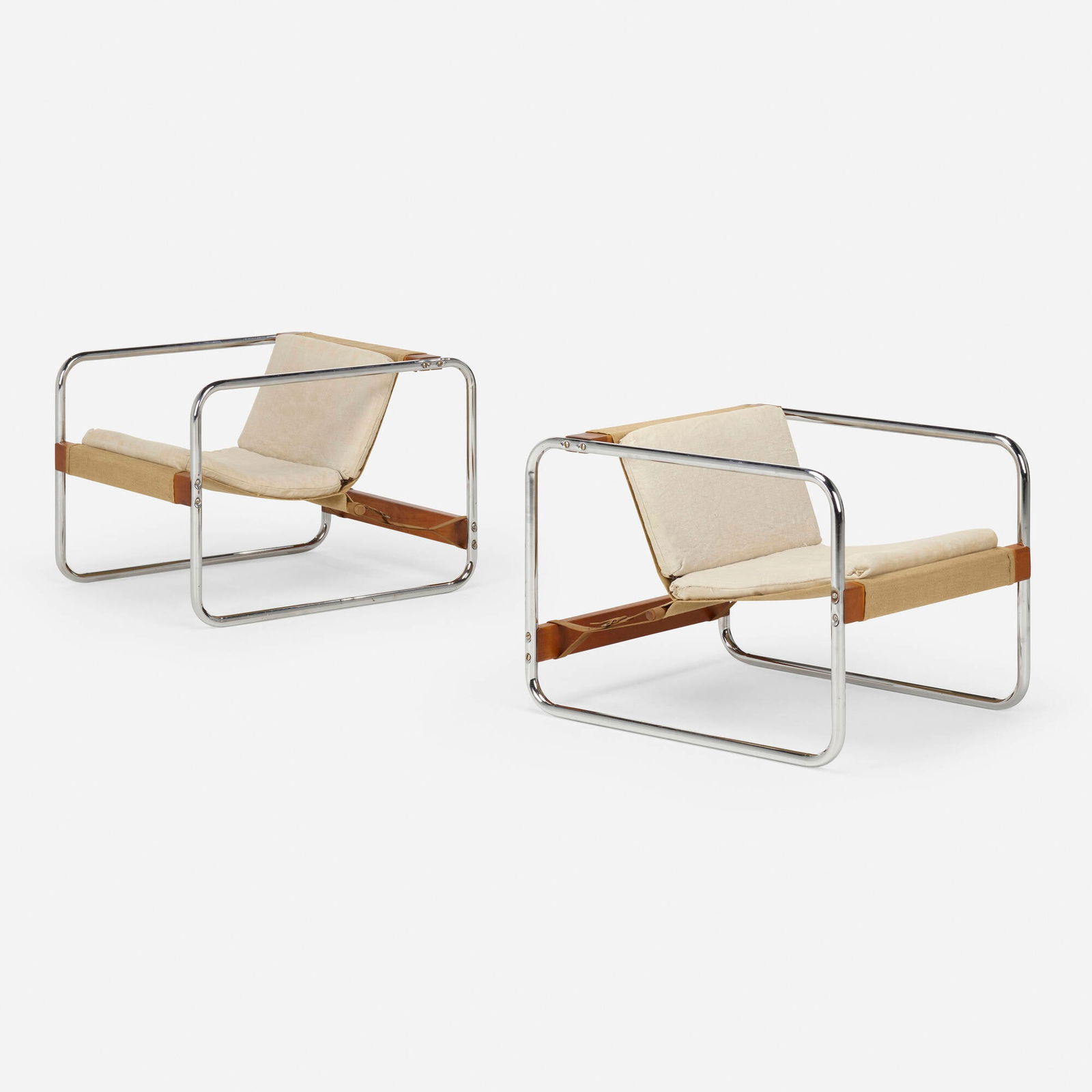 Michel Dallaire for Jacques S. Guillon & Associates, Habitat 67 lounge chairs, pair: Michel Dallaire for Jacques S. Guillon & Associates Habitat 67 lounge chairs, pair KaremaCanada, 1967chrome-plated steel, canvas, upholstery, cherry 22.5 h x 24.75 w x 31 d in (57 x 63 x 79 cm)