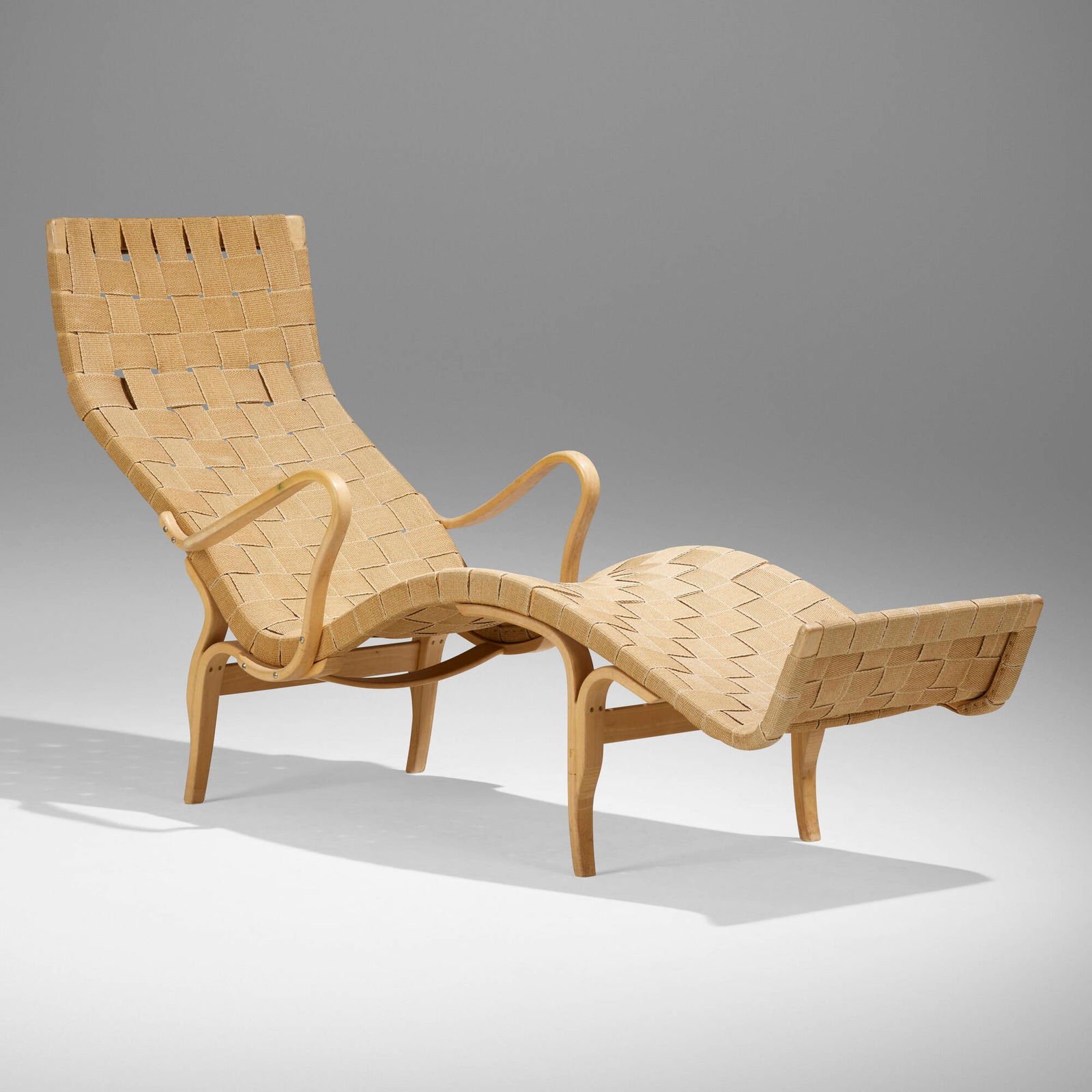 Bruno Mathsson, Pernilla 3 lounge chair: Bruno Mathsson Pernilla 3 lounge chair Firma Karl MathssonSweden, 1942 / 1970beech, canvas webbing 36 h x 25 w x 66 d in (91 x 63 x 168 cm) Branded manufacturer's mark to underside 'Firm