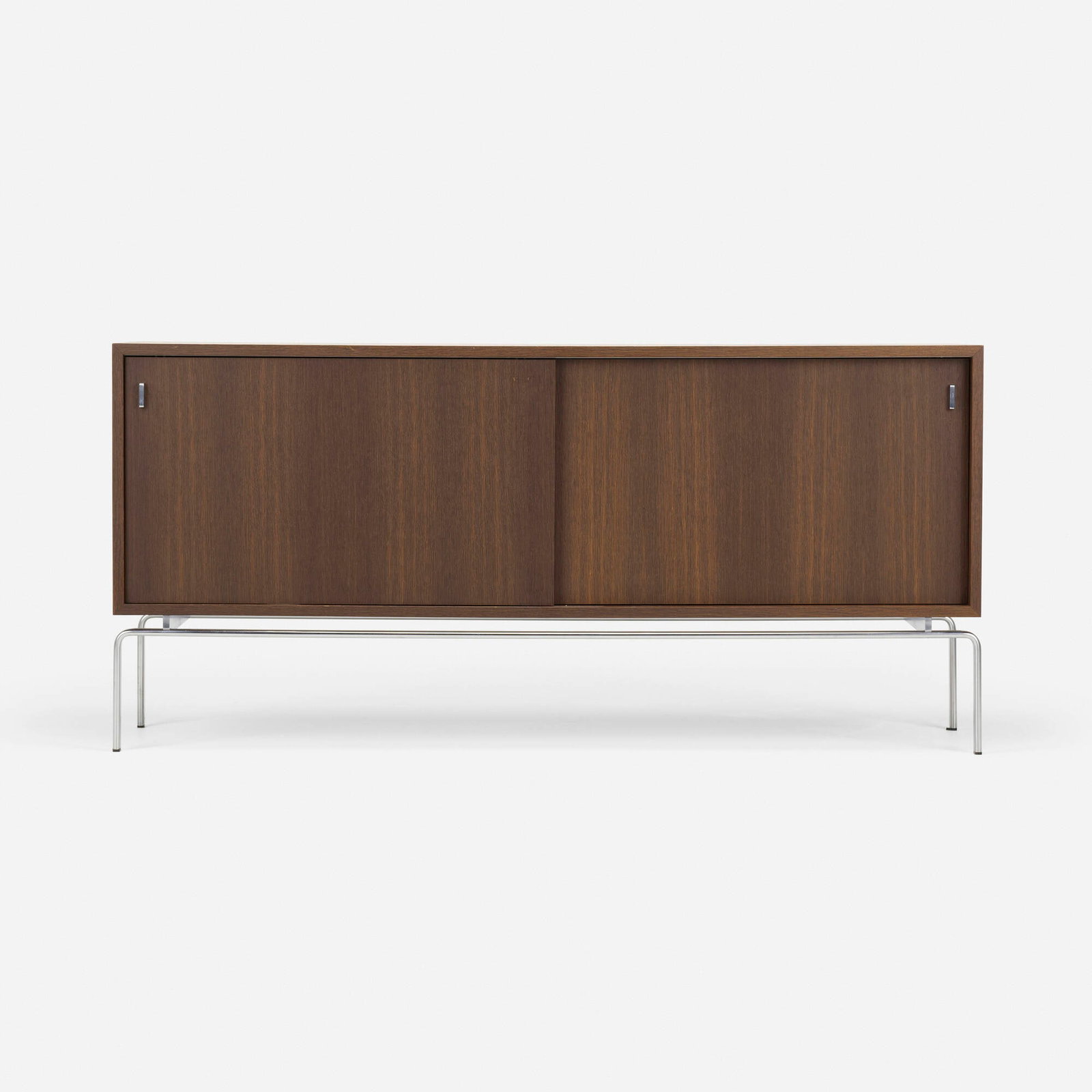 Preben Fabricius and Jorgen Kastholm, Cabinet, model FK 150: Preben Fabricius and Jorgen Kastholm Cabinet, model FK 150 Lange Production Denmark, 1973 / 2006 walnut, chrome-plated steel 28 h x 59 w x 18 d in (71 x 150 x 46 cm) Cabinet features two s
