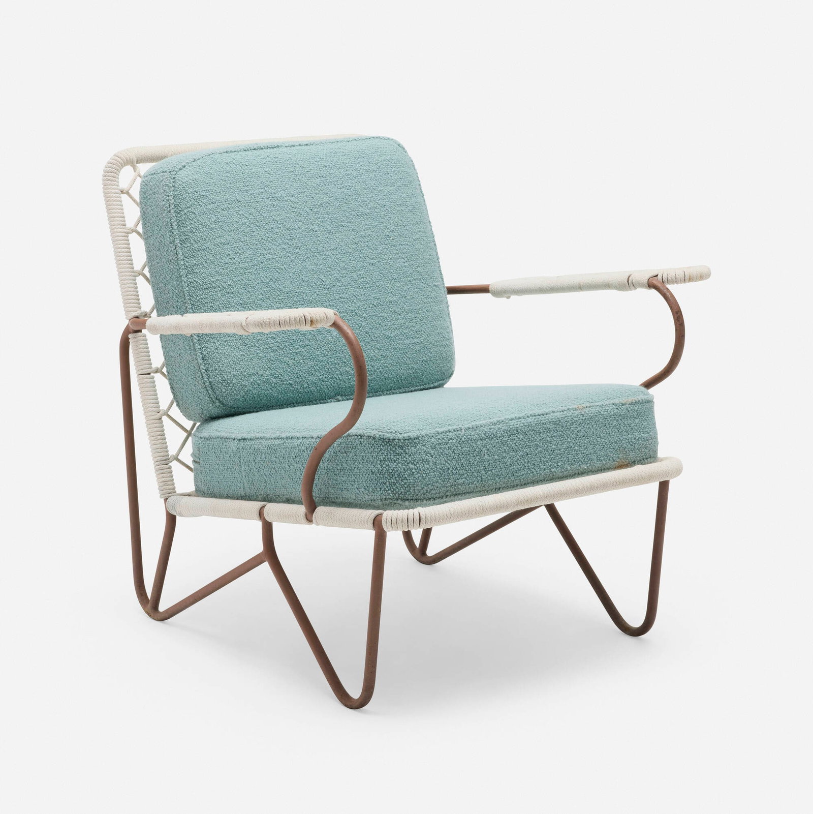 Modern, Lounge chair: Modern Lounge chair c. 1955 cording over steel tubes, upholstery 30.5 h x 35 w x 33 d in (77 x 89 x 84 cm) This work will ship from Chicago, Illinois.