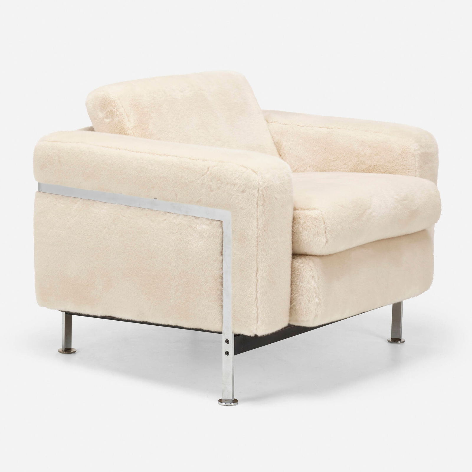 In the manner of Robert Haussmann, Lounge chair: In the manner of Robert Haussmann Lounge chair c. 1990faux fur upholstery, chrome-plated steel 32 h x 36 w x 34 d in (81 x 91 x 86 cm) This work will ship from Lambertville, New J