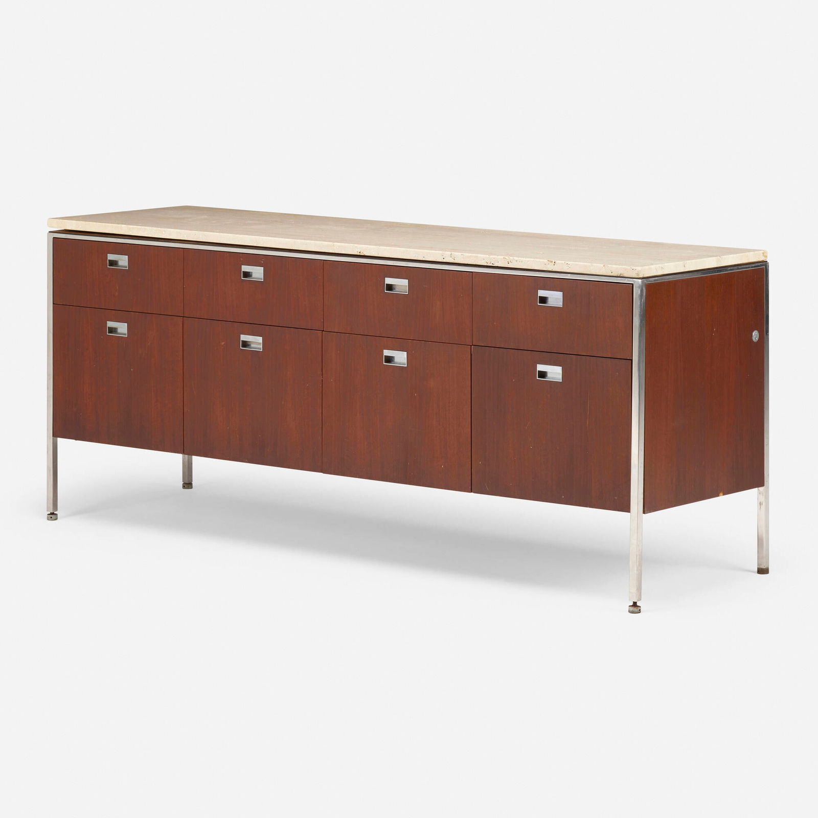 In the manner of Florence Knoll, Cabinet: In the manner of Florence Knoll Cabinet USA, c. 1970walnut, chrome-plated stainless steel, limestone 28 h x 66 w x 19 d in (71 x 168 x 48 cm) Cabinet features eight drawers.