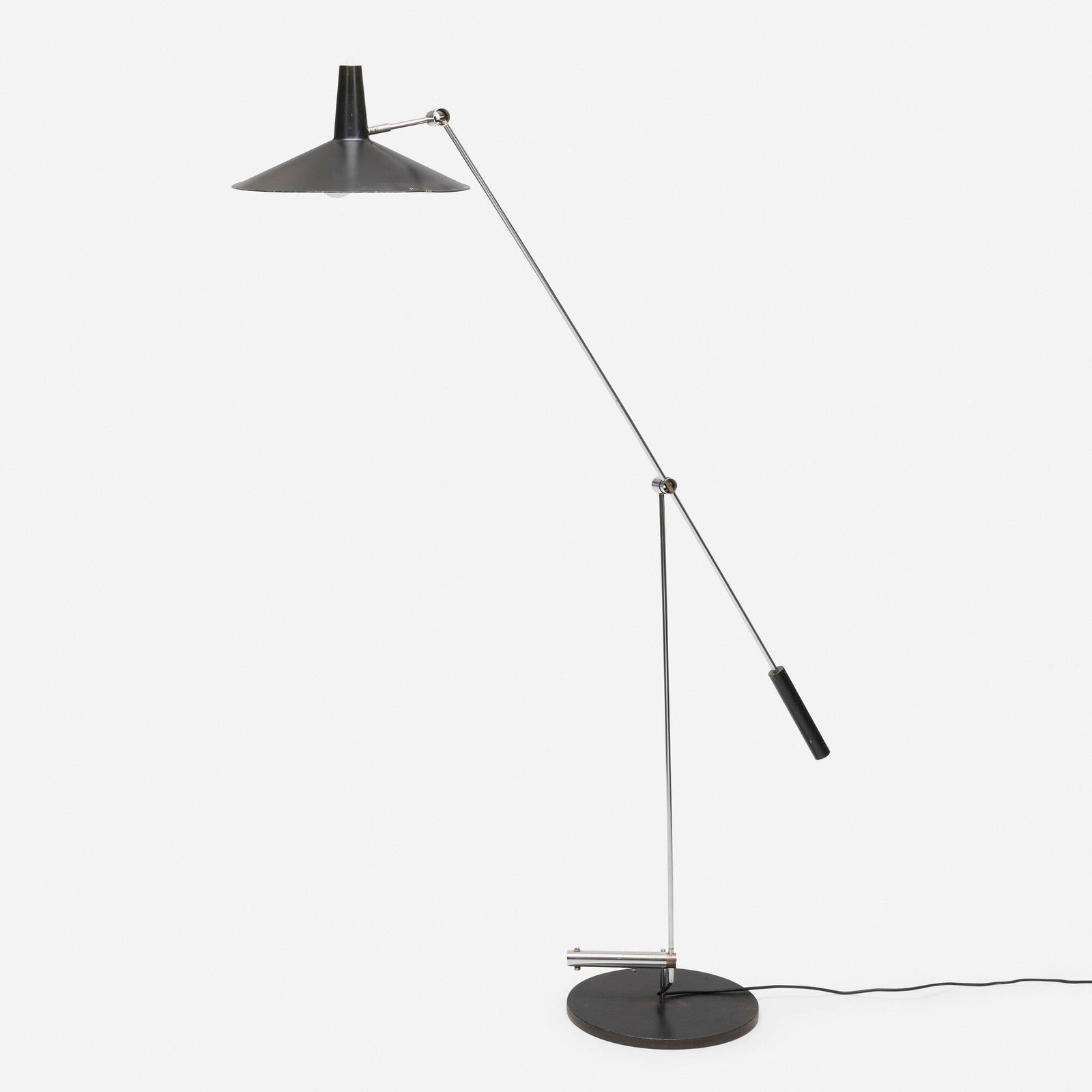 Rico and Rosmarie Baltensweiler, Type 600 floor lamp: Rico and Rosmarie Baltensweiler Type 600 floor lamp Switzerland, 1951 lacquered aluminum and steel, chrome-plated steel, enameled cast iron 66 h x 46 w x 16 d in (168 x 117 x 41 cm) Cast number