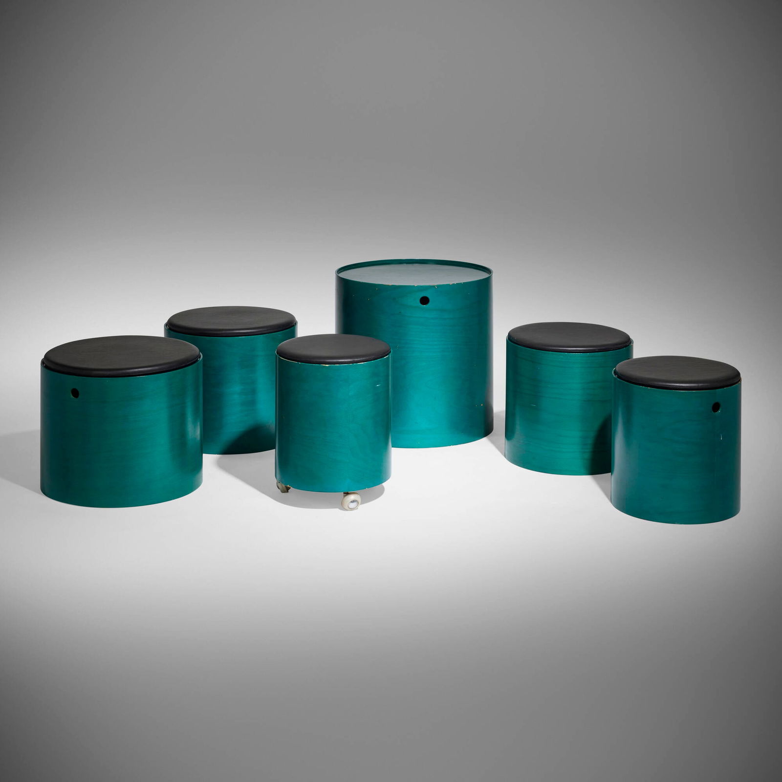 Verner Panton, Party Set multipurpose furniture: Verner Panton Party Set multipurpose furniture A. SommerDenmark / Germany, 1965aniline-dyed beech plywood, vinyl upholstery largest: 20.5 h x 19.75 dia in (52 x 50 cm) smallest: 15 h x 13.75