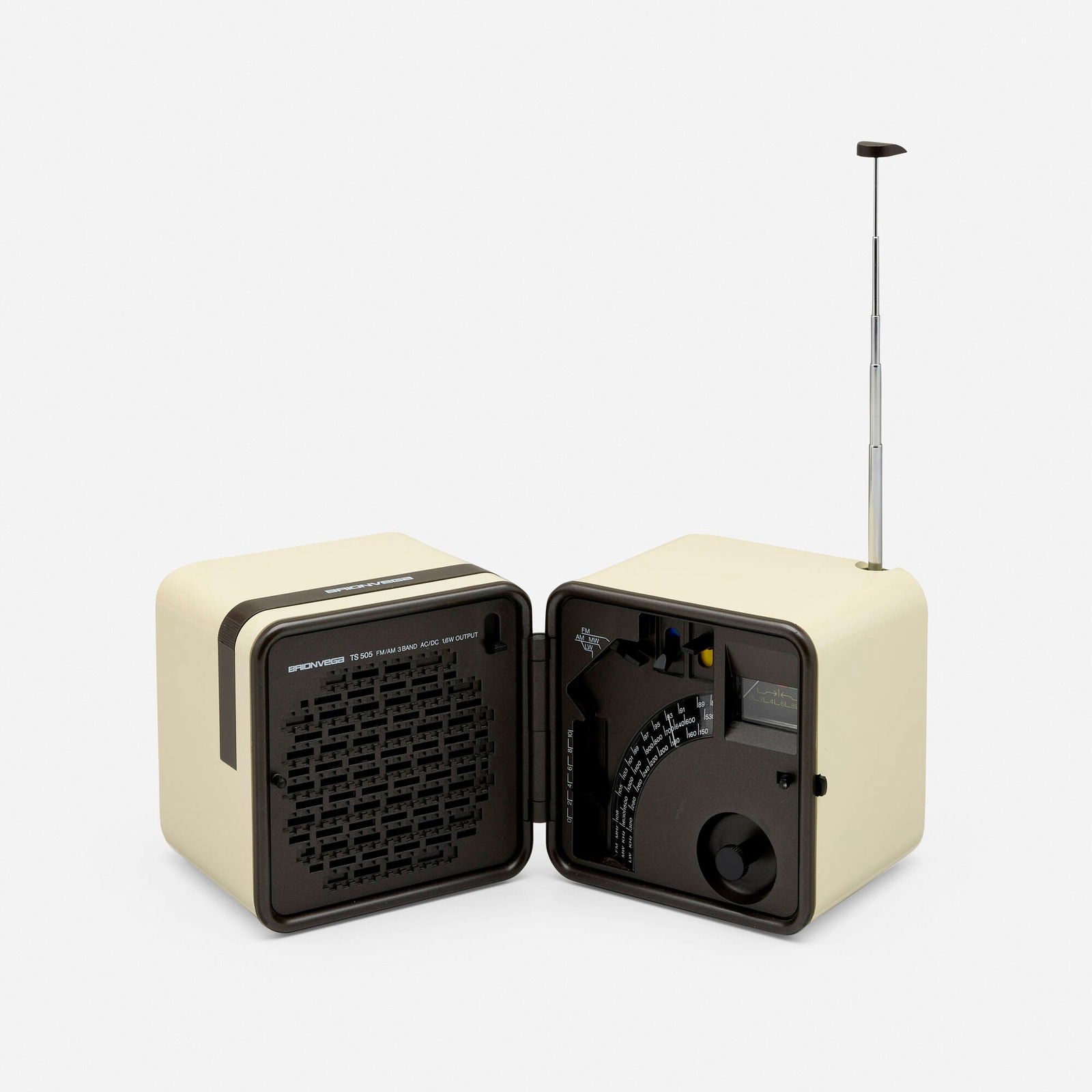 Marco Zanuso and Richard Sapper, TS 505 radio: Marco Zanuso and Richard Sapper TS 505 radio BrionvegaItaly, 1976plastic, aluminum 5 h x 8.75 w x 5.625 d in (13 x 22 x 14 cm) Printed manufacturer's mark to handle 'Brionvega'. Printed