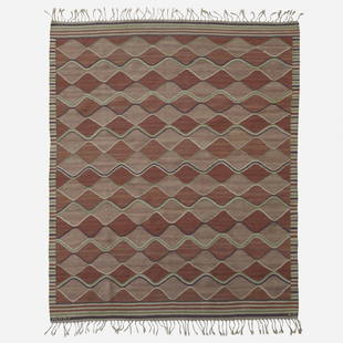 Barbro Nilsson Spättan carpet: Barbro Nilsson Spättan carpet Märta Måås-Fjetterström AB Sweden, 1943 hand-woven wool 78 w x 101 l inches Woven signature to edge: [AB MMF BN].