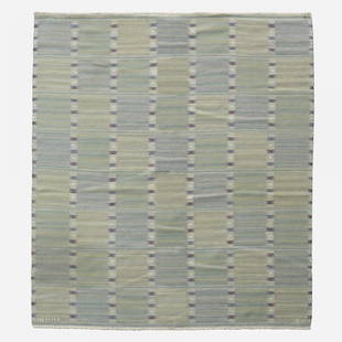 Barbro Nilsson Falurutan carpet: Barbro Nilsson Falurutan carpet Märta Måås-Fjetterström AB Sweden, c. 1952 hand-woven wool 72.5 w x 80.5 l inches Woven signature to edge: [AB MMF BN].