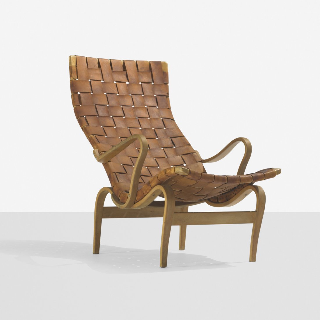 Bruno Mathsson Pernilla 2 chair: Bruno Mathsson Pernilla 2 chair Karl Mathsson Sweden, 1943 laminated steam-bent beech, leather 25.25 w x 39.25 d x 36 h inches Signed with partial applied manufacturerâ€™s label to underside: [Br