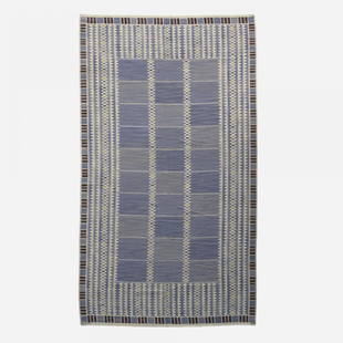 Barbro Nilsson rare carpet: Barbro Nilsson rare carpet Märta Måås-Fjetterström AB Sweden, c. 1948 hand-woven wool 105 w x 184 l inches Woven signature to edge: [AB MMF BN].