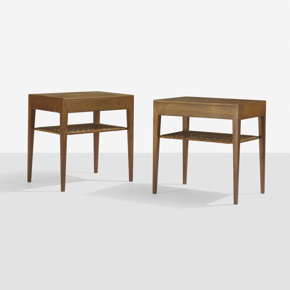 Severin Hansen nightstands, pair: Severin Hansen nightstands, pair Haslev Møbelsnedkeri A/S Denmark, c. 1965 teak, cane 19.5 w x 13.75 d x 19.5 h inches Each nightstand features a single drawer. Signed with applied Danish control tag