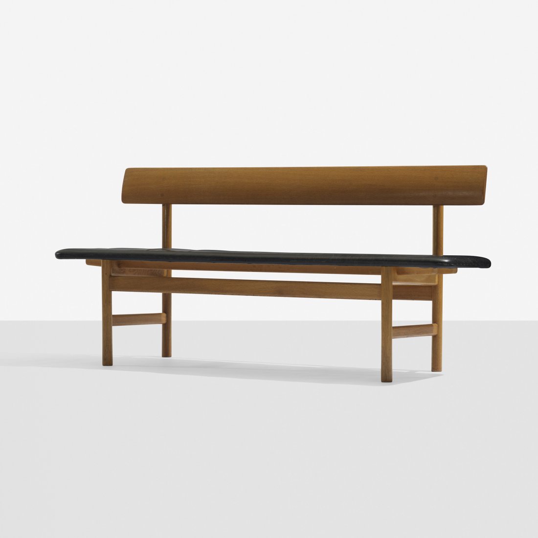 Børge Mogensen bench: Børge Mogensen bench Fredericia Stolefabrik Denmark, 1956 stained oak, leather 67 w x 17.5 d x 30 h inches Signed with decal manufacturer's label to underside: [FF Aktieselskabet Fredericia Stolefabr