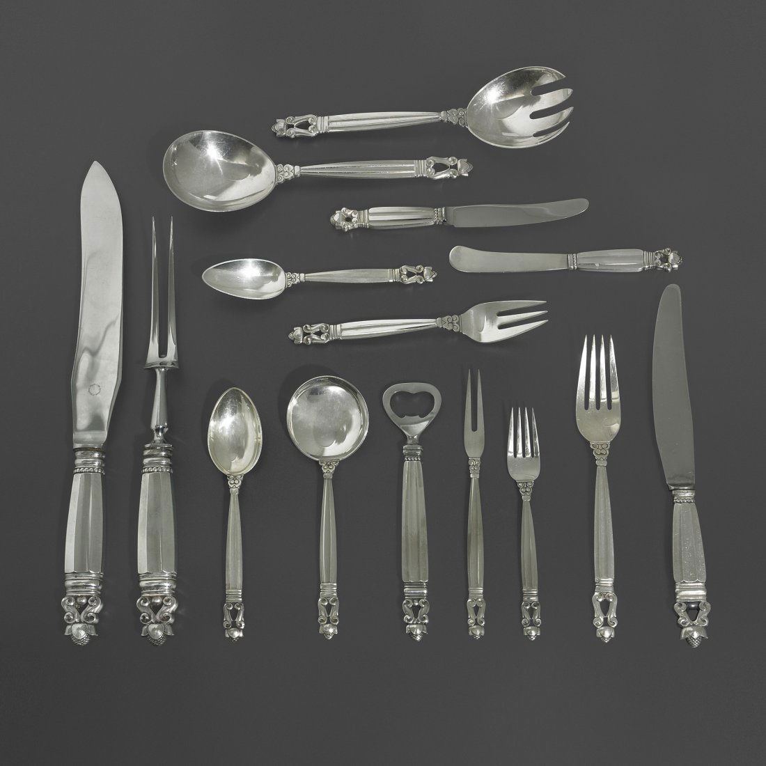 Johan Rohde Acorn silverware: Johan Rohde Acorn silverware Georg Jensen Denmark, 1915 sterling silver, stainless steel Complete five-piece service for twelve with sixteen additional utensils; seventy-six pieces total. Signed with