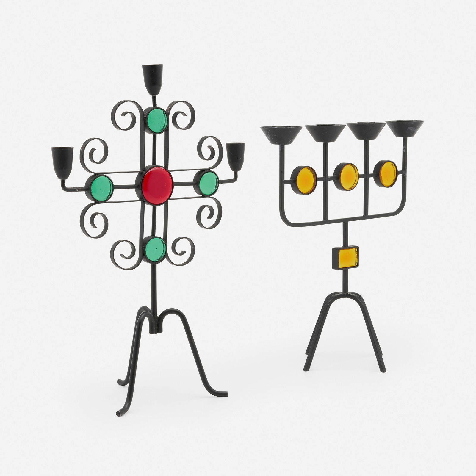 Gunnar Ander, Candelabra, set of two: Gunnar Ander Candelabra, set of two Ystad-MetallSweden, c. 1960enameled steel, glass 15.5 h × 10.5 w × 5.5 d in (39 × 27 × 14 cm) 13 h × 11.25 w × 6 d
