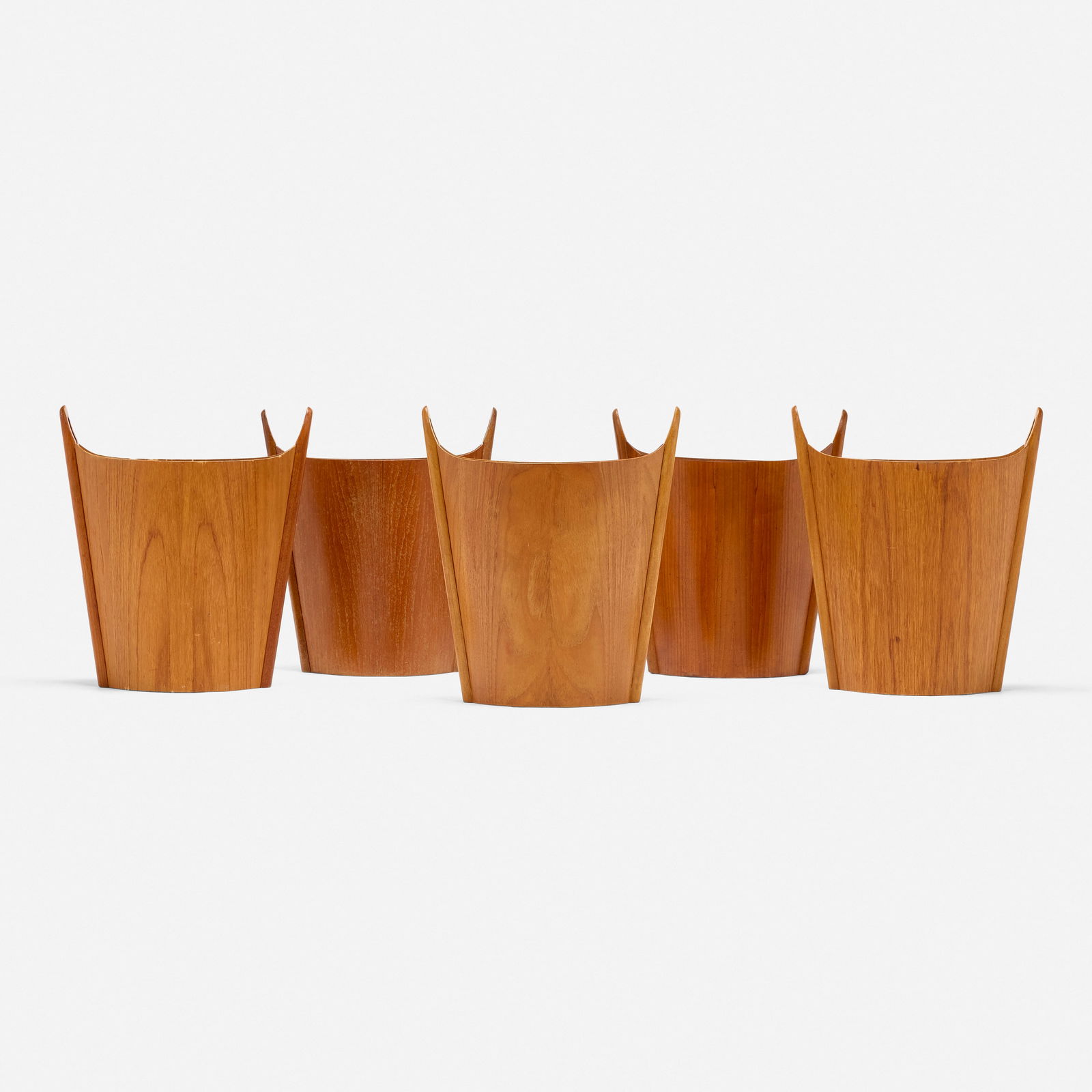 Einar Barnes, Wastepaper baskets, set of five: Einar Barnes Wastepaper baskets, set of five P.S. HeggenNorway, c. 1965teak 17.25 h × 15.625 w × 8.75 d in (44 × 40 × 22 cm) Stamped manufacturer's mark to int