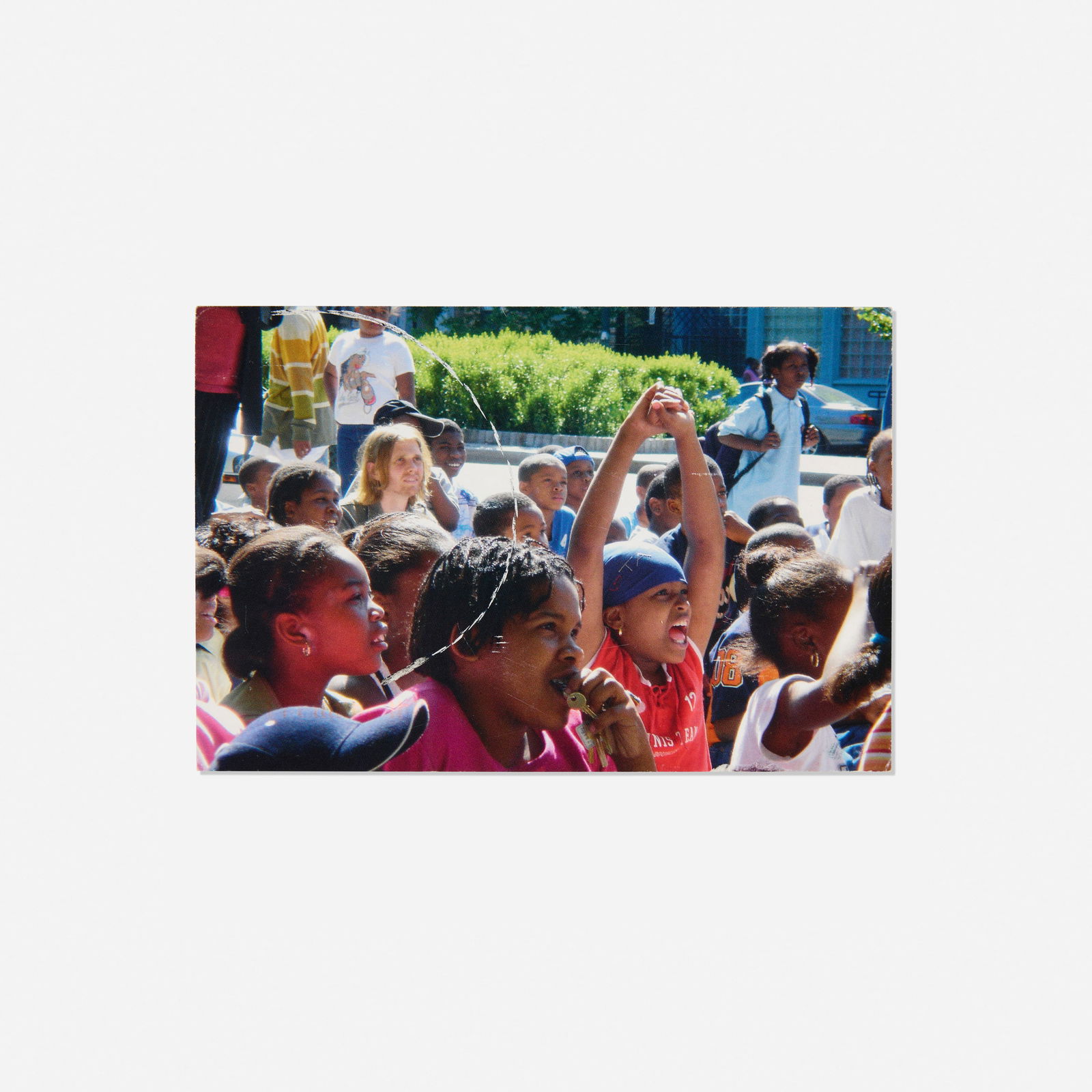 Slater Bradley, Doppelganger in Harlem (postcard): Slater Bradley Doppelganger in Harlem (postcard) 2004offset lithograph in colors with scratches 4 h × 6 w in (10 × 15 cm) Signed, numbered and inscribed to verso 'ed. 5/35 Greet