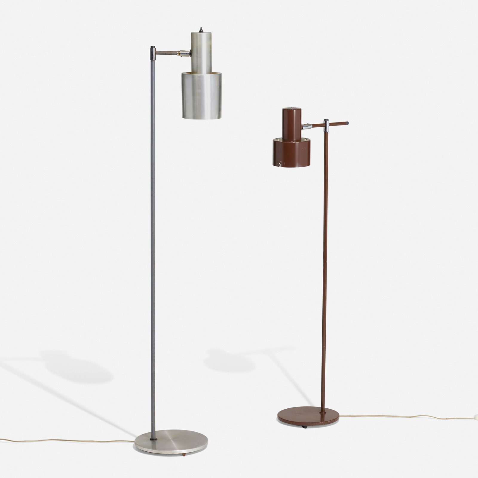 Jo Hammerborg, Studio floor lamps, set of two: Jo Hammerborg Studio floor lamps, set of two Denmark, 1967lacquered steel, brushed aluminum, chrome-plated metal 58.5 h × 11 w × 12.5 d in (149 × 28 × 32 cm) 47 h ×