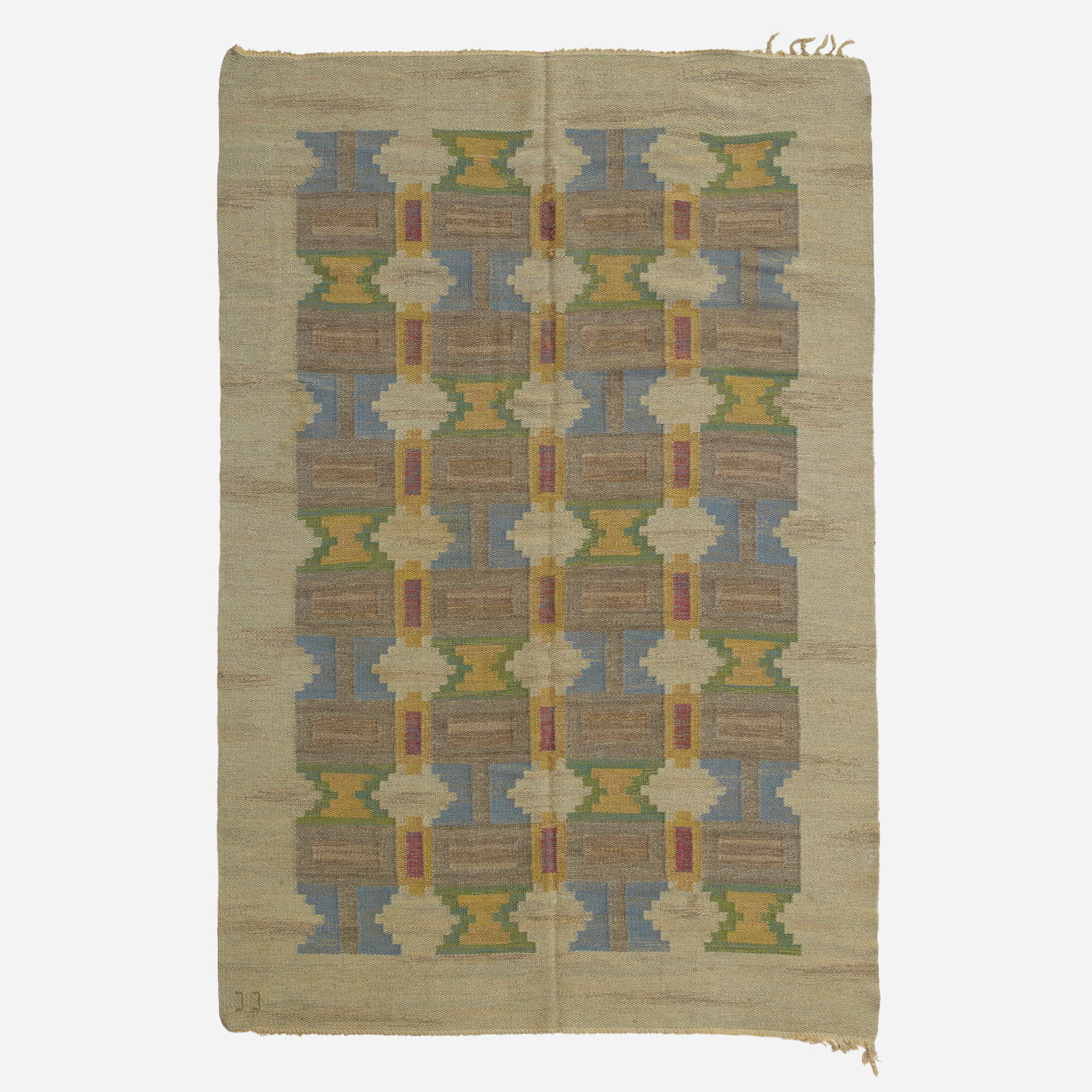 Judith Johansson, Flatweave carpet: Judith Johansson Flatweave carpet Sweden, c. 1955hand-woven wool 37 w × 64 l in (94 × 163 cm) Woven signature to edge 'JJ'. This work will ship from Chicago,