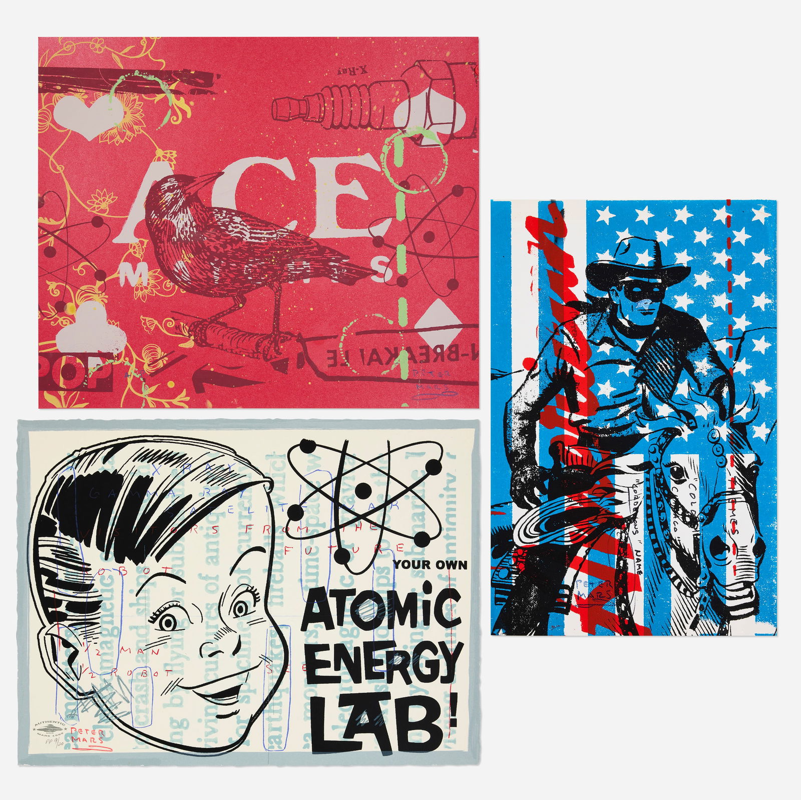 Peter Mars, Three works: Peter Mars Three works screenprint in colors 15.125 h × 20.125 w in (38 × 51 cm) 16.375 h × 19.125 w in (42 × 49 cm) 19 h × 12.5 w in (48 × 32 cm) Lot in