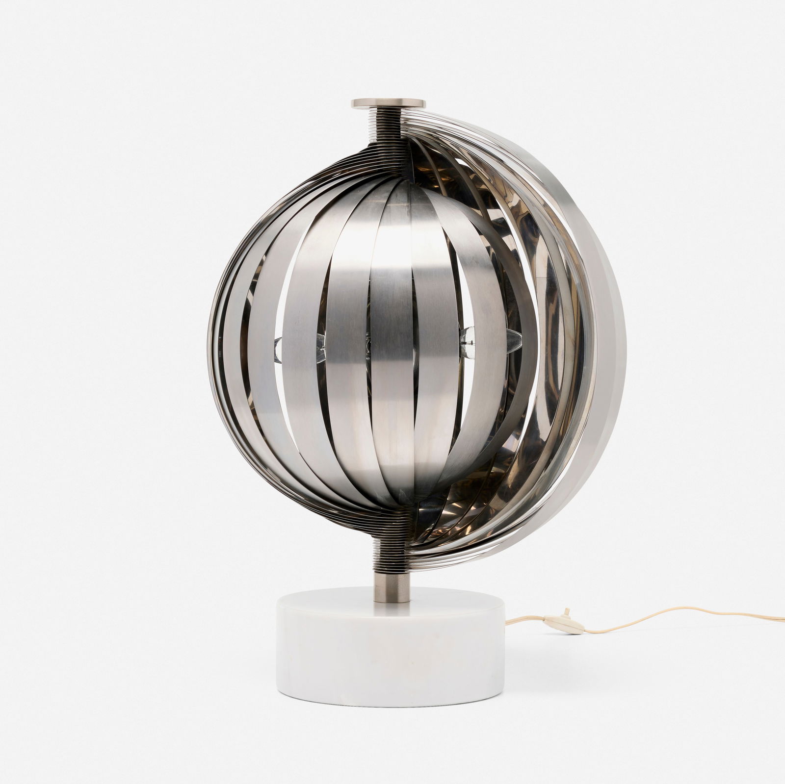 Gaetano Missaglia, Table lamp: Gaetano Missaglia Table lamp Italy, c. 1970marble, chrome-plated steel and metal 2.75 h × 19 dia in (7 × 48 cm) This work will ship from Chicago, Illinois.