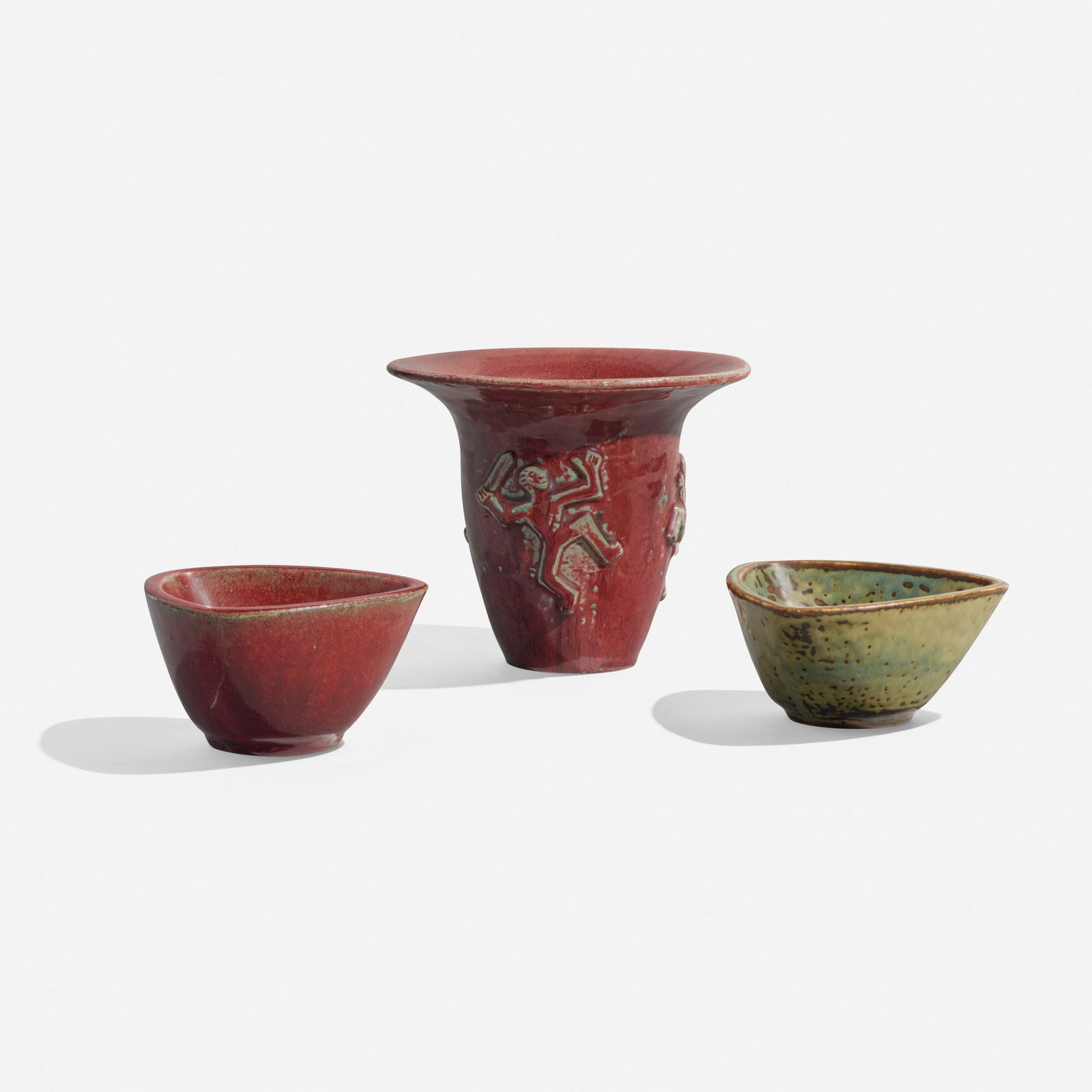 Jais Nielsen, Collection of three vessels: Jais Nielsen Collection of three vessels Royal CopenhagenDenmark, c. 1935glazed stoneware 5.75 h × 6.875 dia in (15 × 17 cm) 2.75 h × 5.25 dia in (7 × 13 cm) 2.