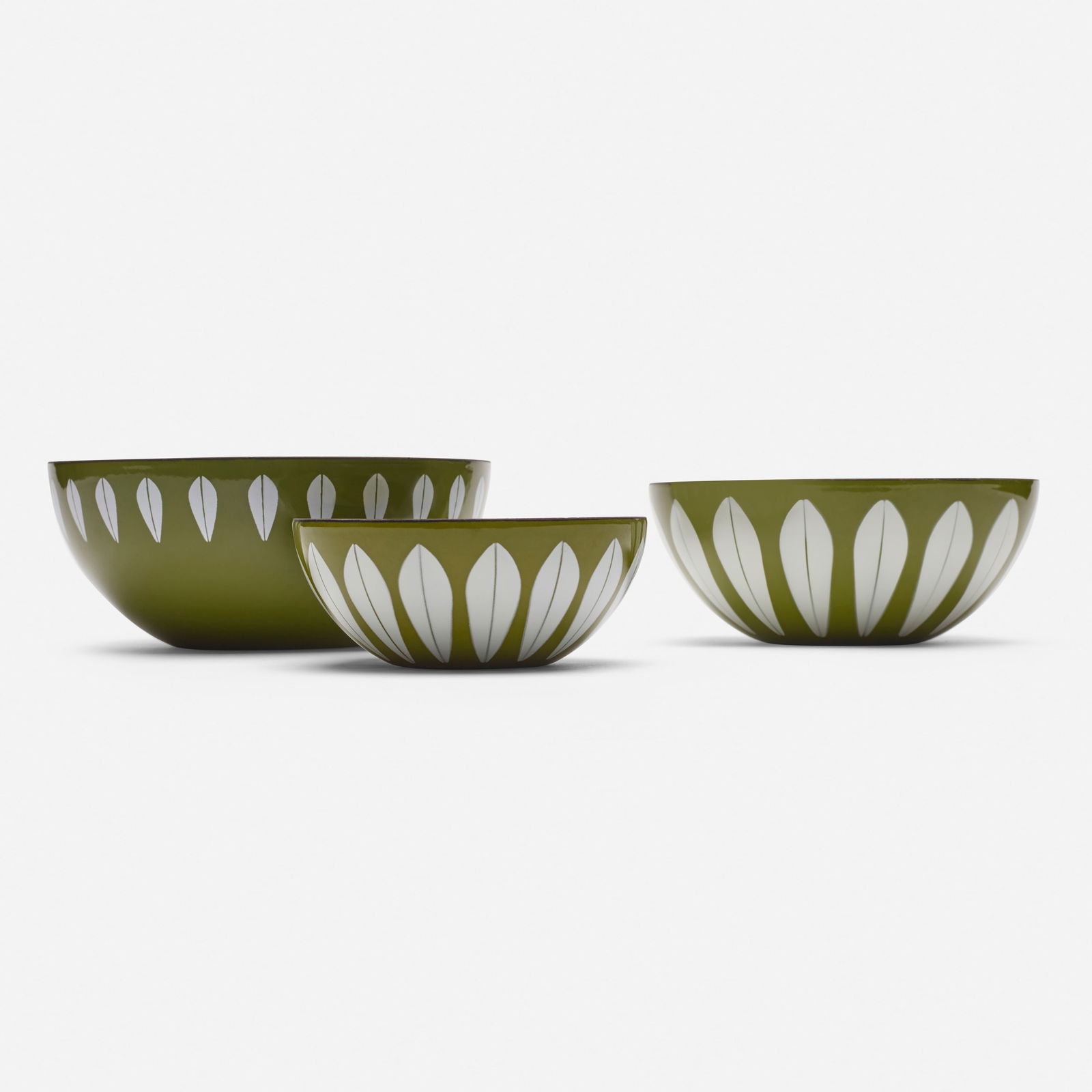 Grete Prytz Kittelsen, Cathrine nesting bowls, set of three: Grete Prytz Kittelsen Cathrine nesting bowls, set of three CathrineholmNorway, 1963enameled steel 3.375 h × 7.875 dia in (9 × 20 cm) 3 h × 7.125 dia in (8 × 18 cm)