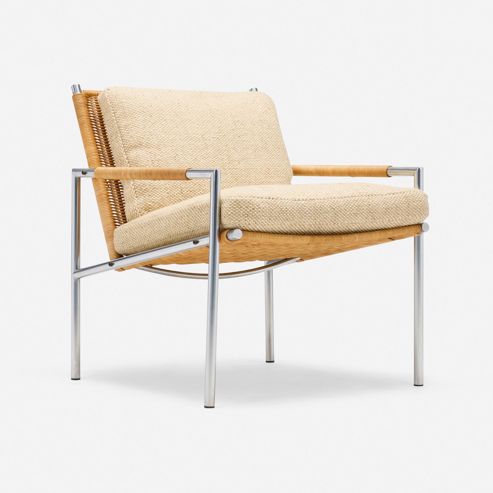 Martin Visser, Armchair, model SZ01: Martin Visser Armchair, model SZ01 SpectrumThe Netherlands, c. 1960chrome-plated steel, rattan, fabric 27.5 h × 23.5 w × 27 d in (70 × 60 × 69 cm)