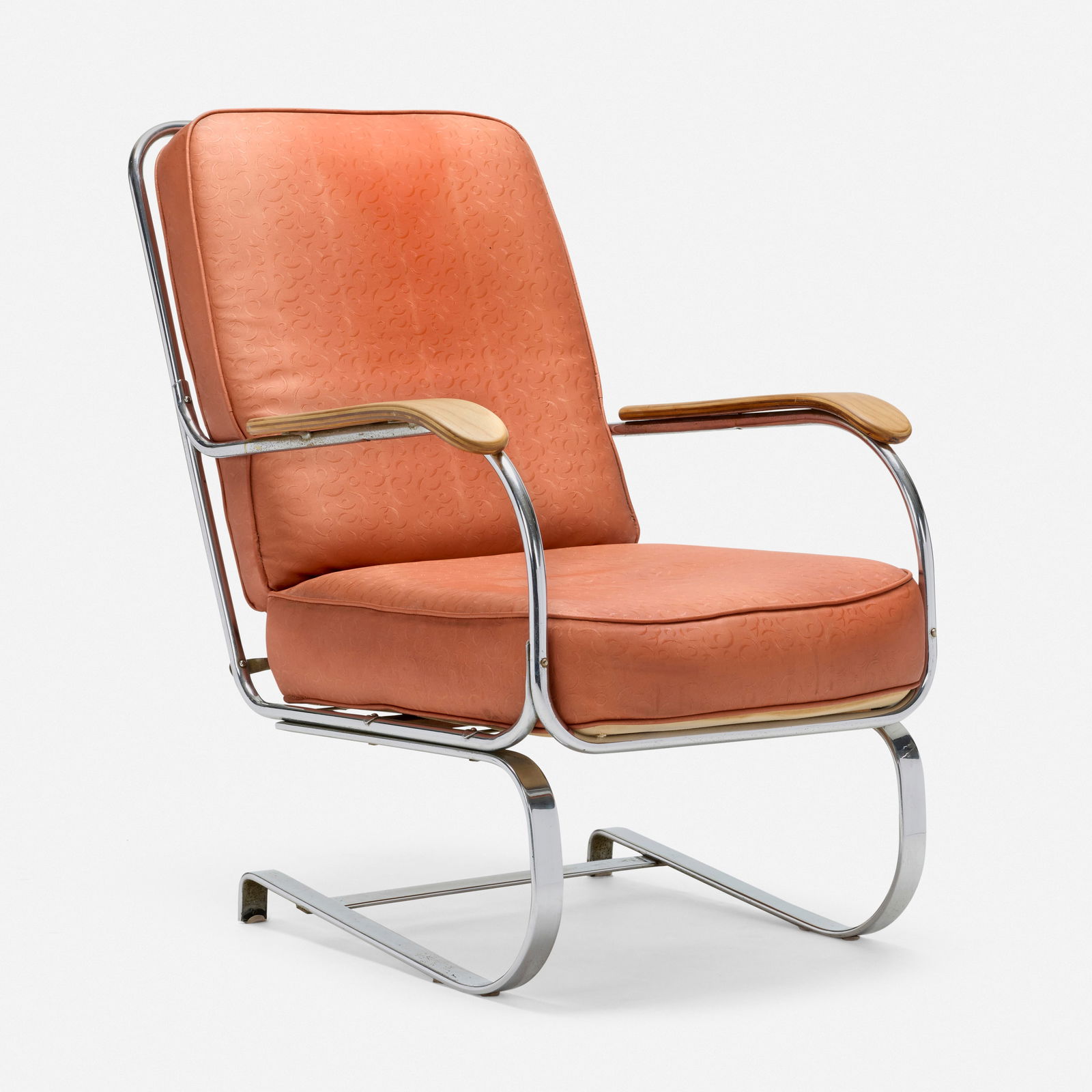 In the manner of Kem Weber, Lounge chair: In the manner of Kem Weber Lounge chair USA, c. 1935chrome-plated steel, vinyl, birch, nickel-plated steel 37.75 h × 25 w × 37 d in (96 × 63 × 94 cm)