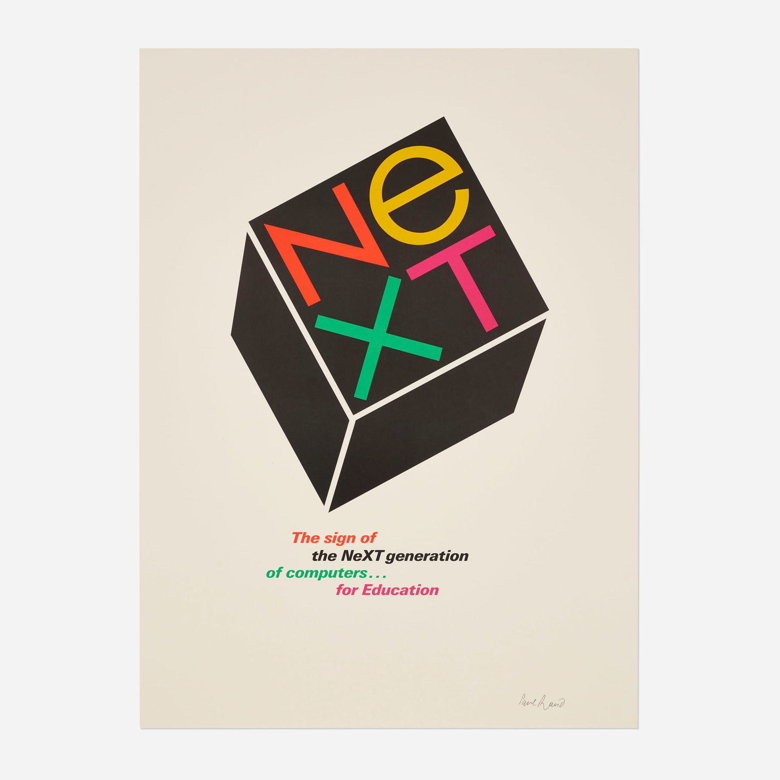 Paul Rand, NeXT poster: Paul Rand NeXT poster 1986offset lithograph in colors image: 21.5 h × 14.5 w in (55 × 37 cm) sheet: 30 h × 22 w in (76 × 56 cm) Signed to lower right ‘Paul