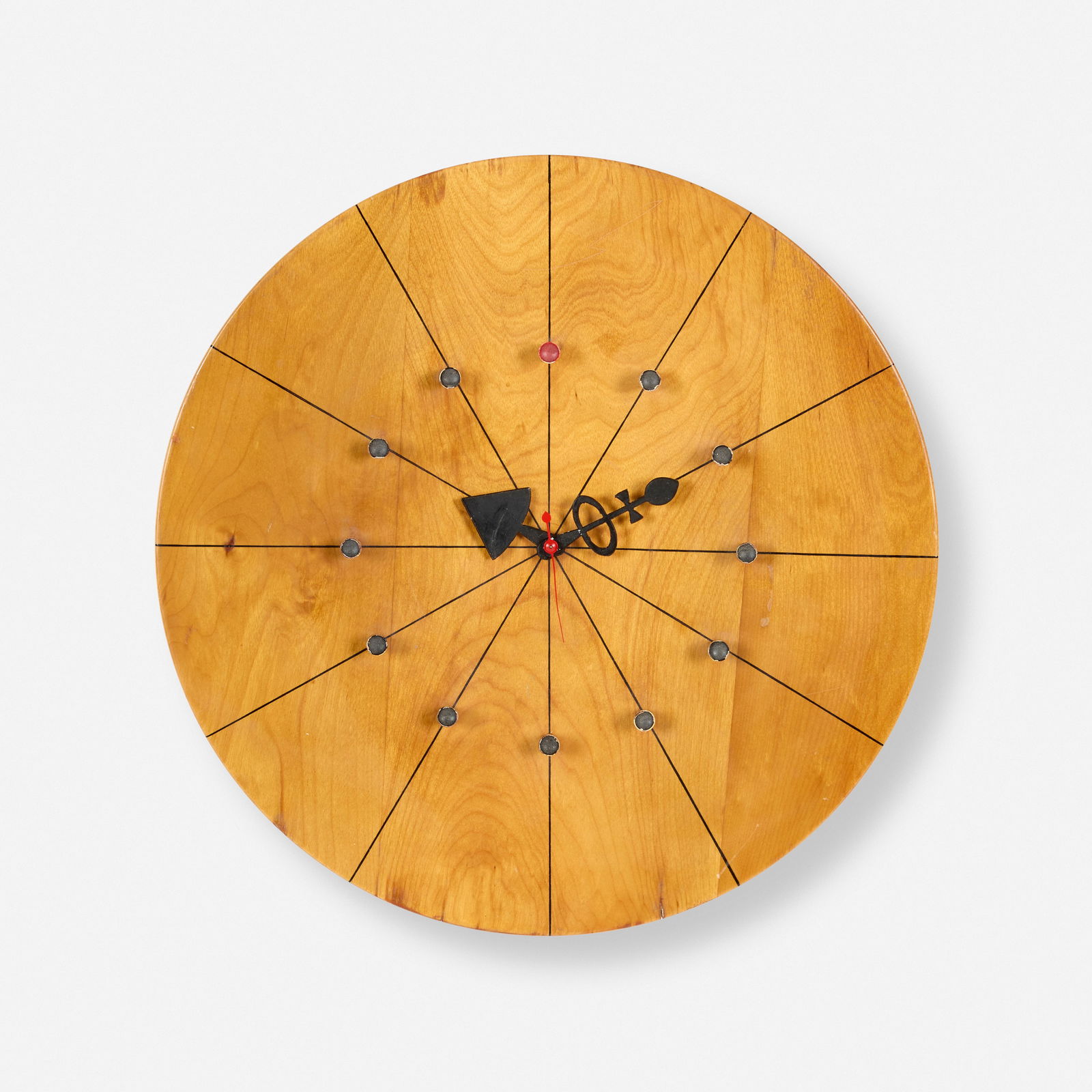 George Nelson & Associates, Wall clock, model 4757C: George Nelson & Associates Wall clock, model 4757C Howard Miller Clock CompanyUSA, 1949walnut, enameled aluminum, lacquered wood 3.5 h × 14 dia in (9 × 36 cm) Partial deca