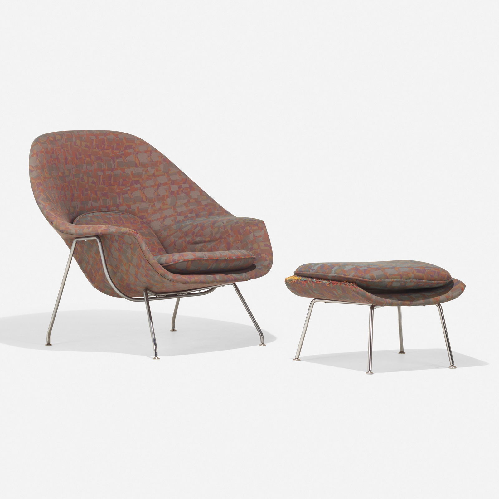 Eero Saarinen, Womb chair and ottoman: Eero Saarinen Womb chair and ottoman Knoll InternationalUSA, 1946 / c. 1980upholstery, chrome-plated steel 36 h × 39.5 w × 34 d in (91 × 100 × 86 cm) 15.5 h ×